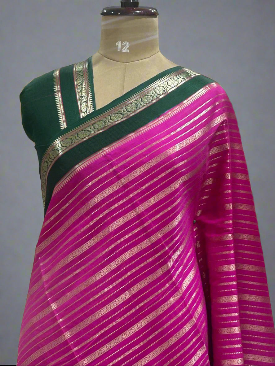 Rani pink gadwal border semi chiniya silk saree (RR)