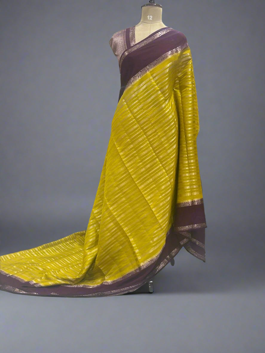 Yellow gadwal border semi chiniya silk saree