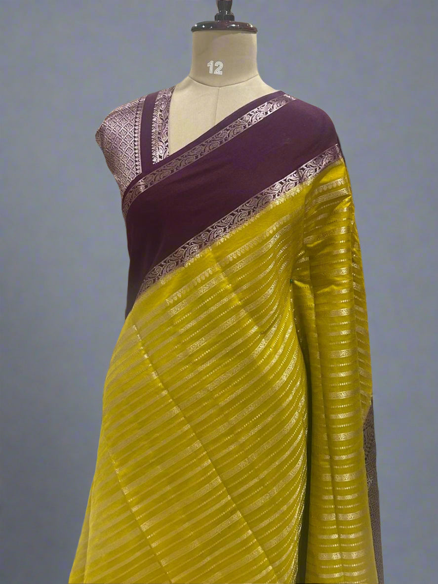 Yellow gadwal border semi chiniya silk saree