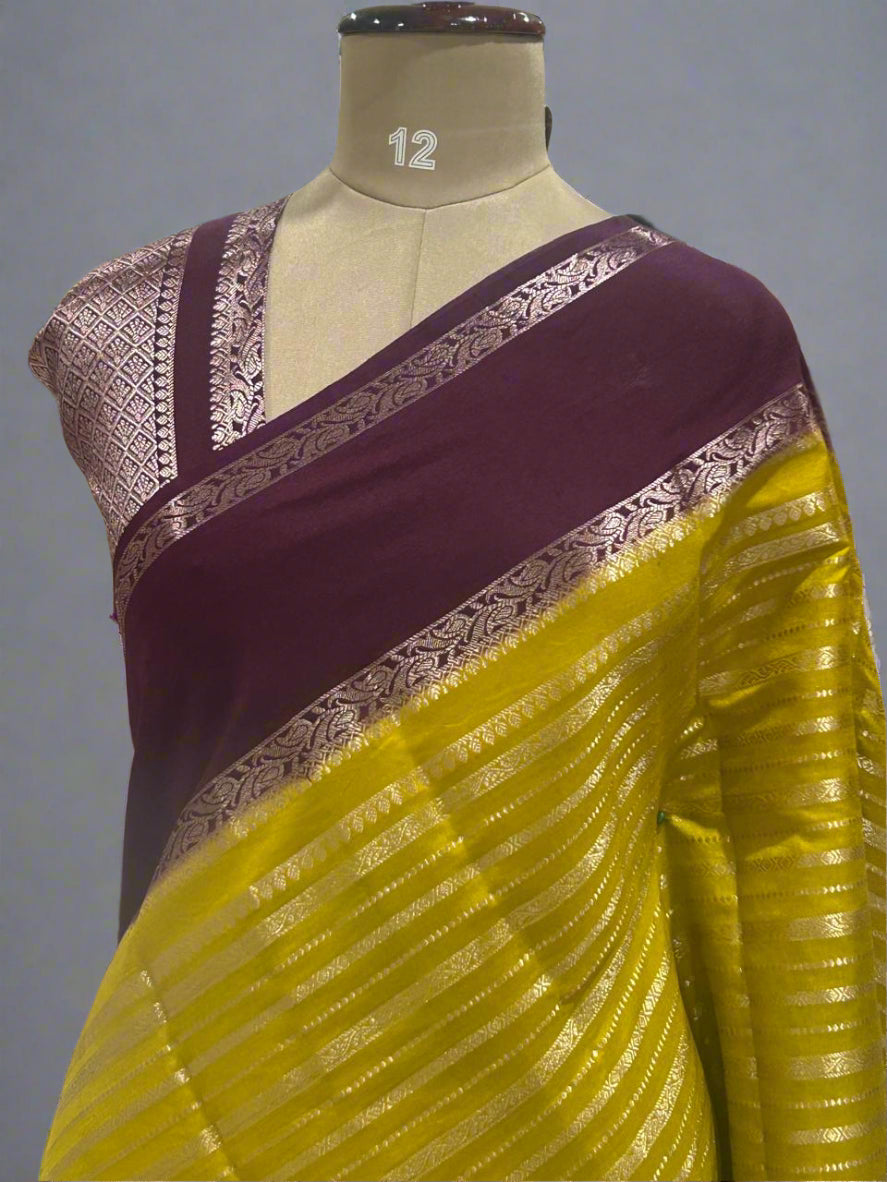 Yellow gadwal border semi chiniya silk saree
