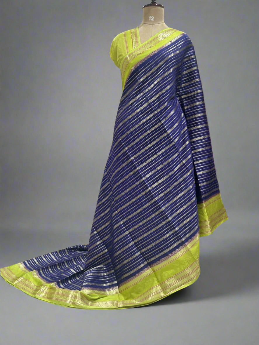 Navy blue gadwal border semi chiniya silk saree