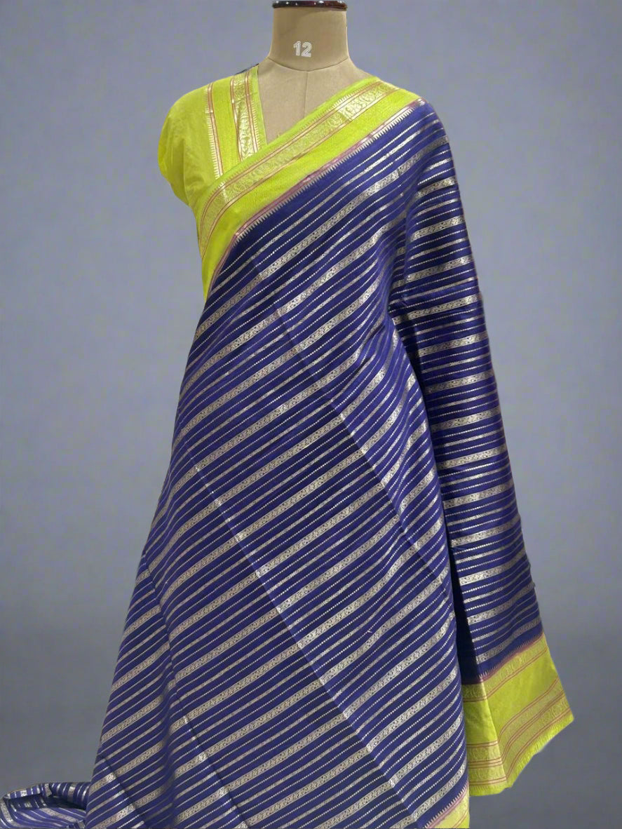 Navy blue gadwal border semi chiniya silk saree