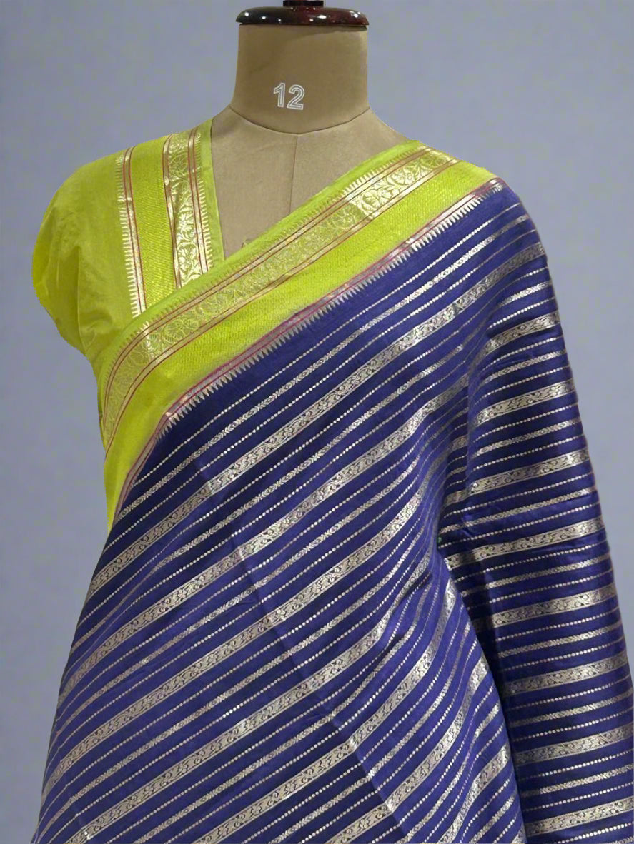 Navy blue gadwal border semi chiniya silk saree