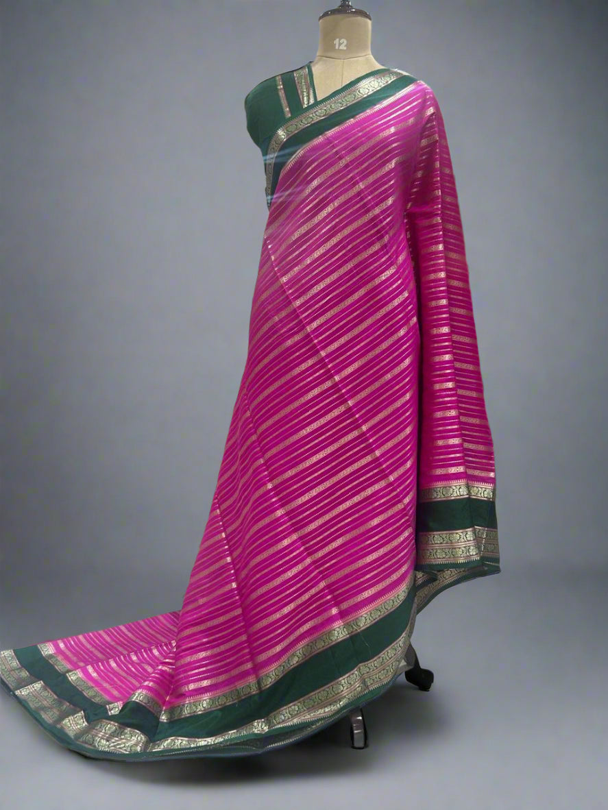 Rani pink gadwal border semi chiniya silk saree (RR)