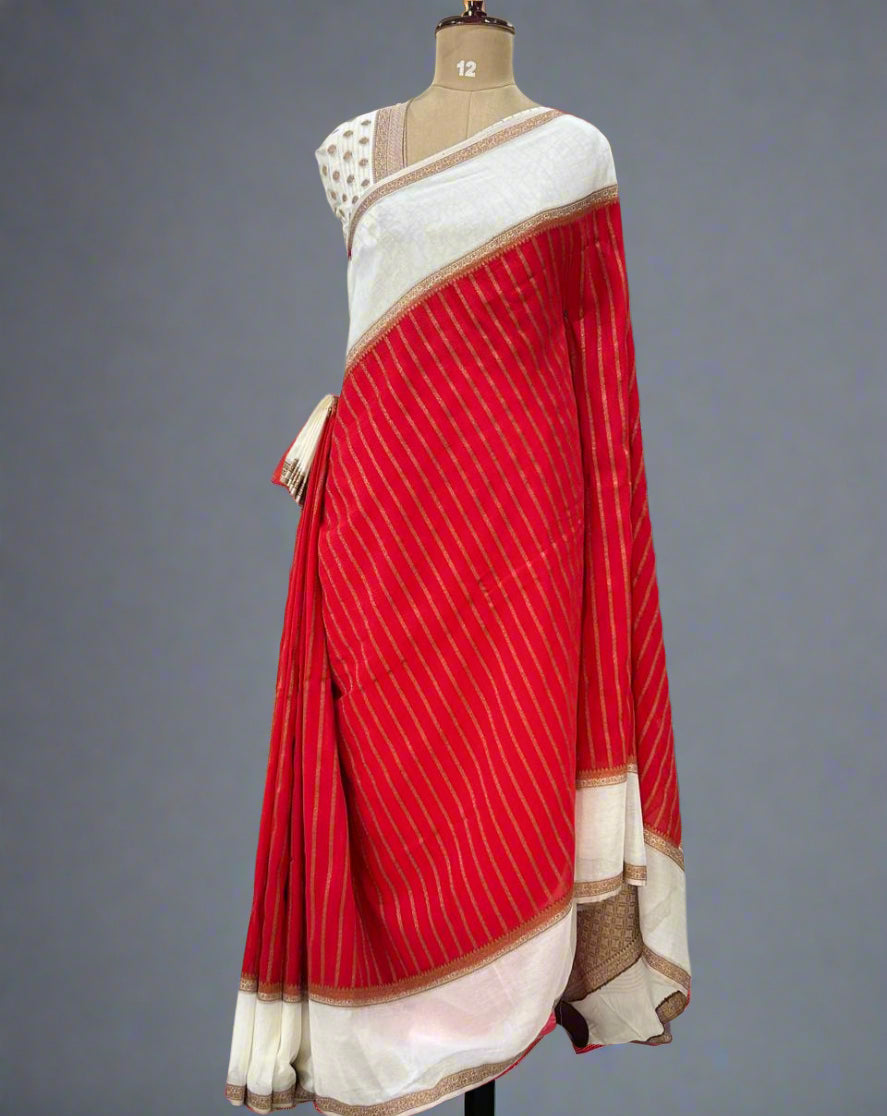 Red n white semi wrinkle crepe 08 saree