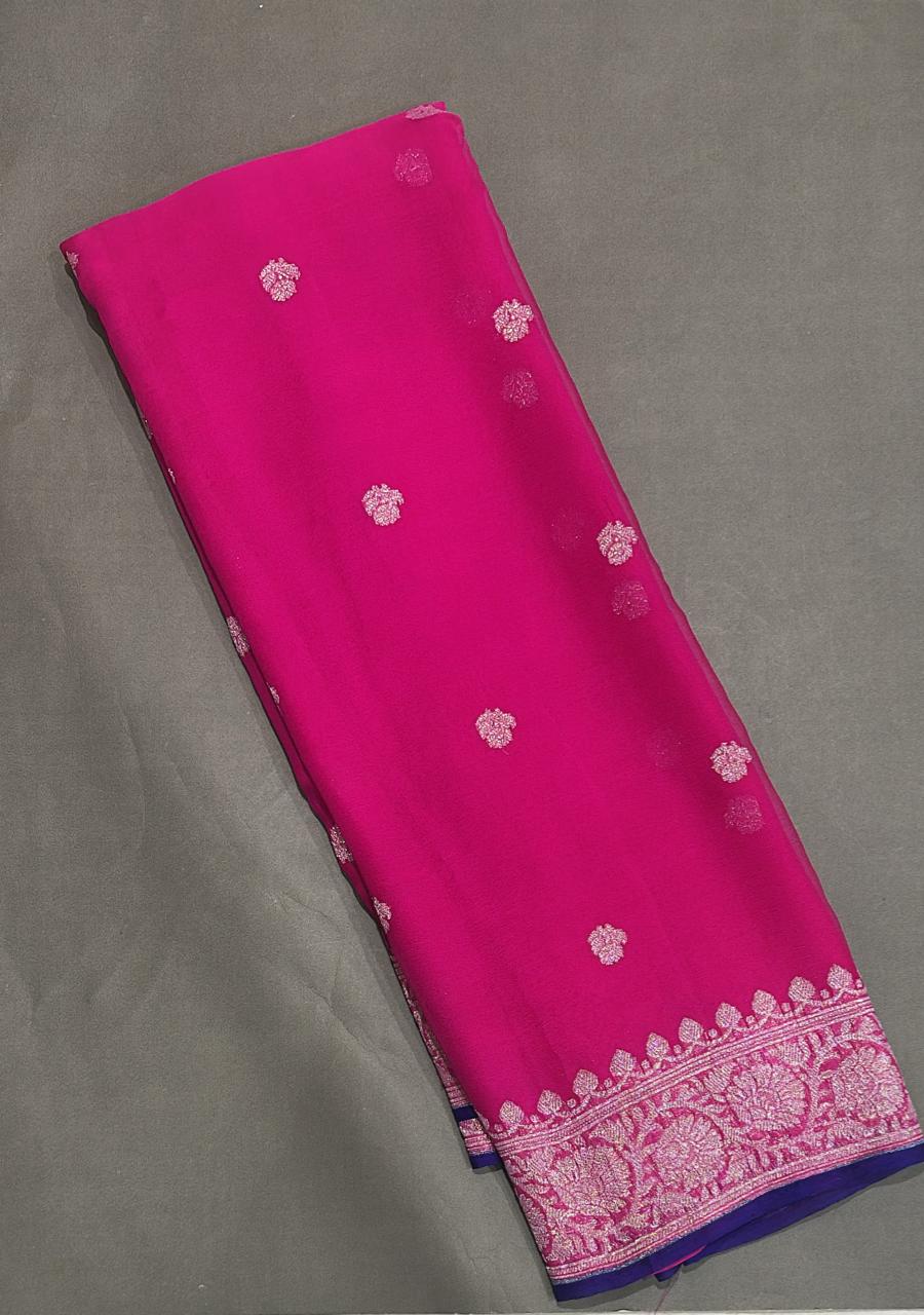 Pink benarasi pure chiffon saree