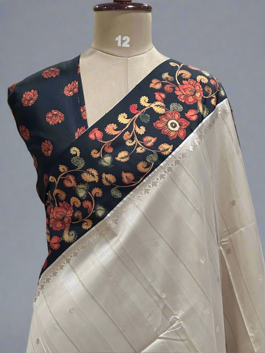 Beige satin kalamkari border 07 saree