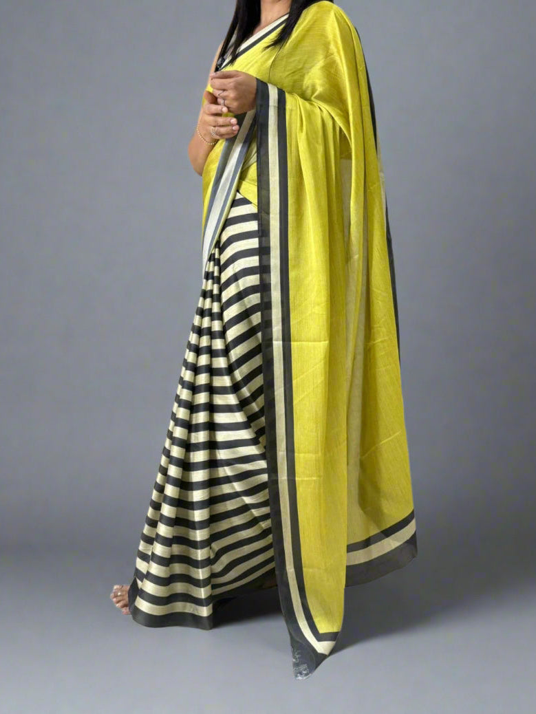 Black n white stripes yellow-09 saree