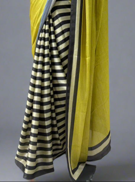 Black n white stripes yellow-09 saree