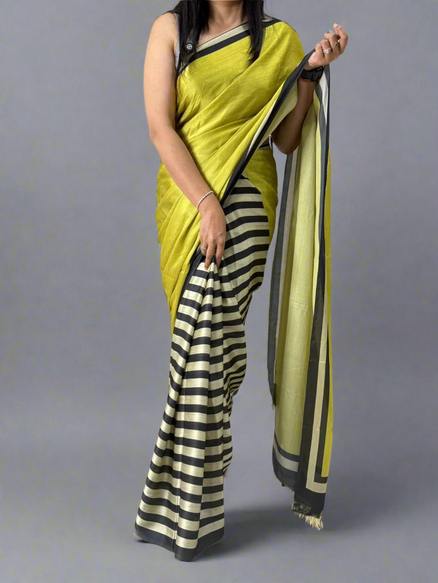 Black n white stripes yellow-09 saree
