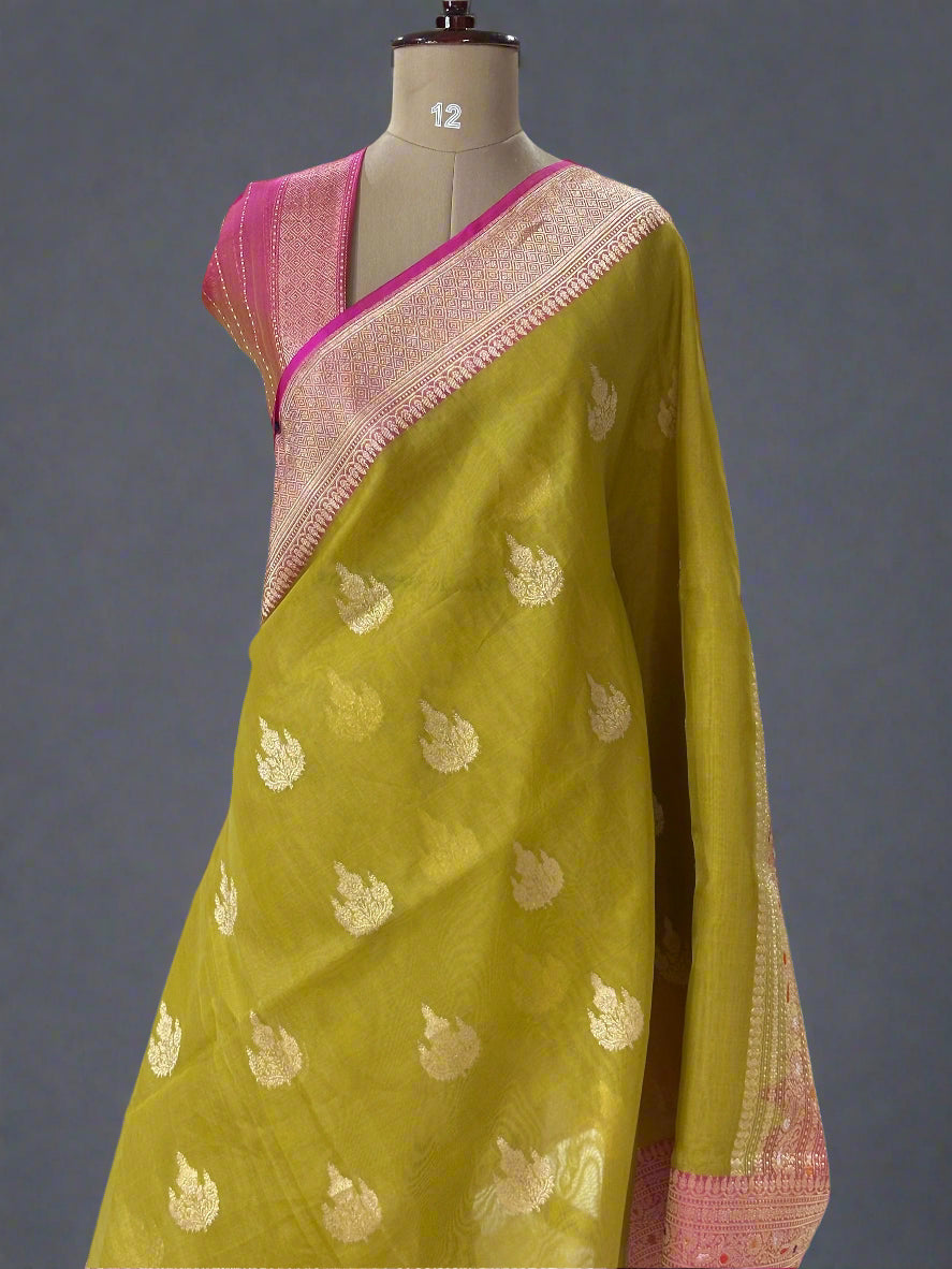 Neon yellow big butta pure kora organza-09 saree