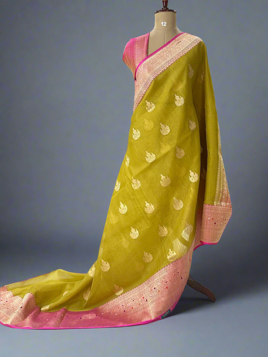 Neon yellow big butta pure kora organza-09 saree