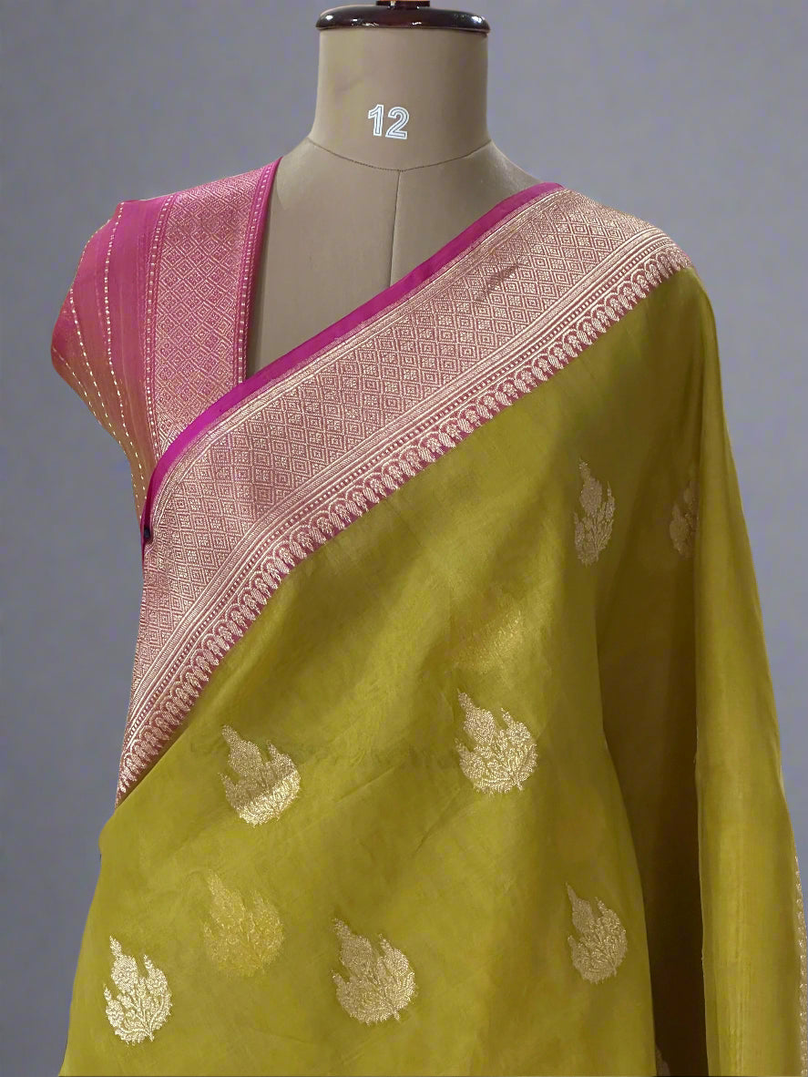 Neon yellow big butta pure kora organza-09 saree
