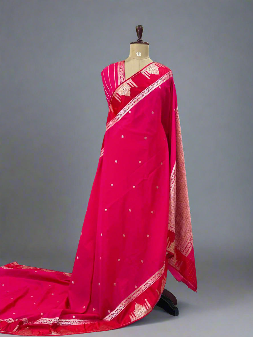 Pink n red Semi Kathan Saree with Taj Mahal Border-09