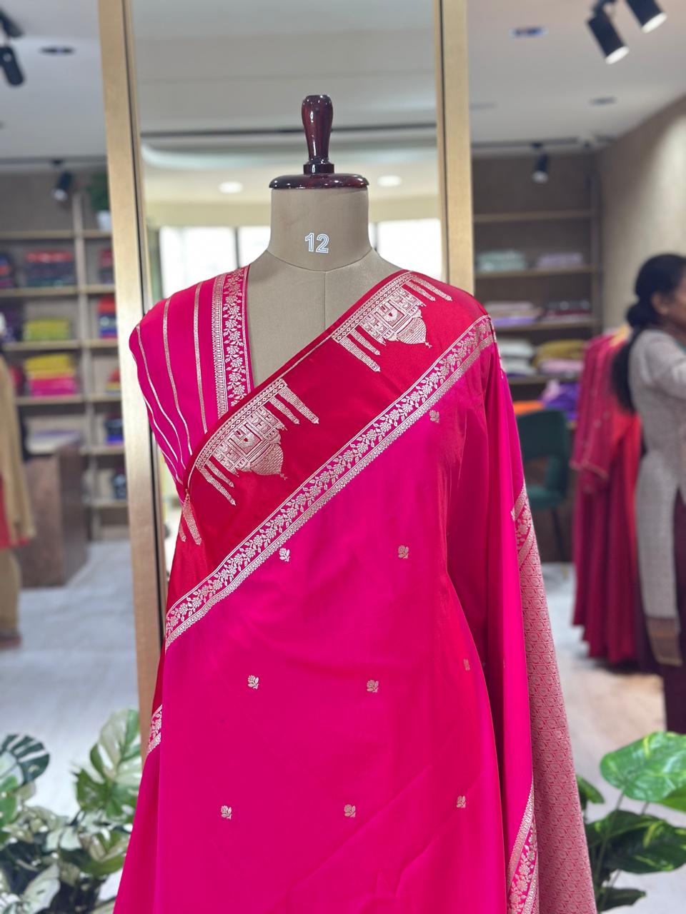 Pink n red Semi Kathan Saree with Taj Mahal Border-09