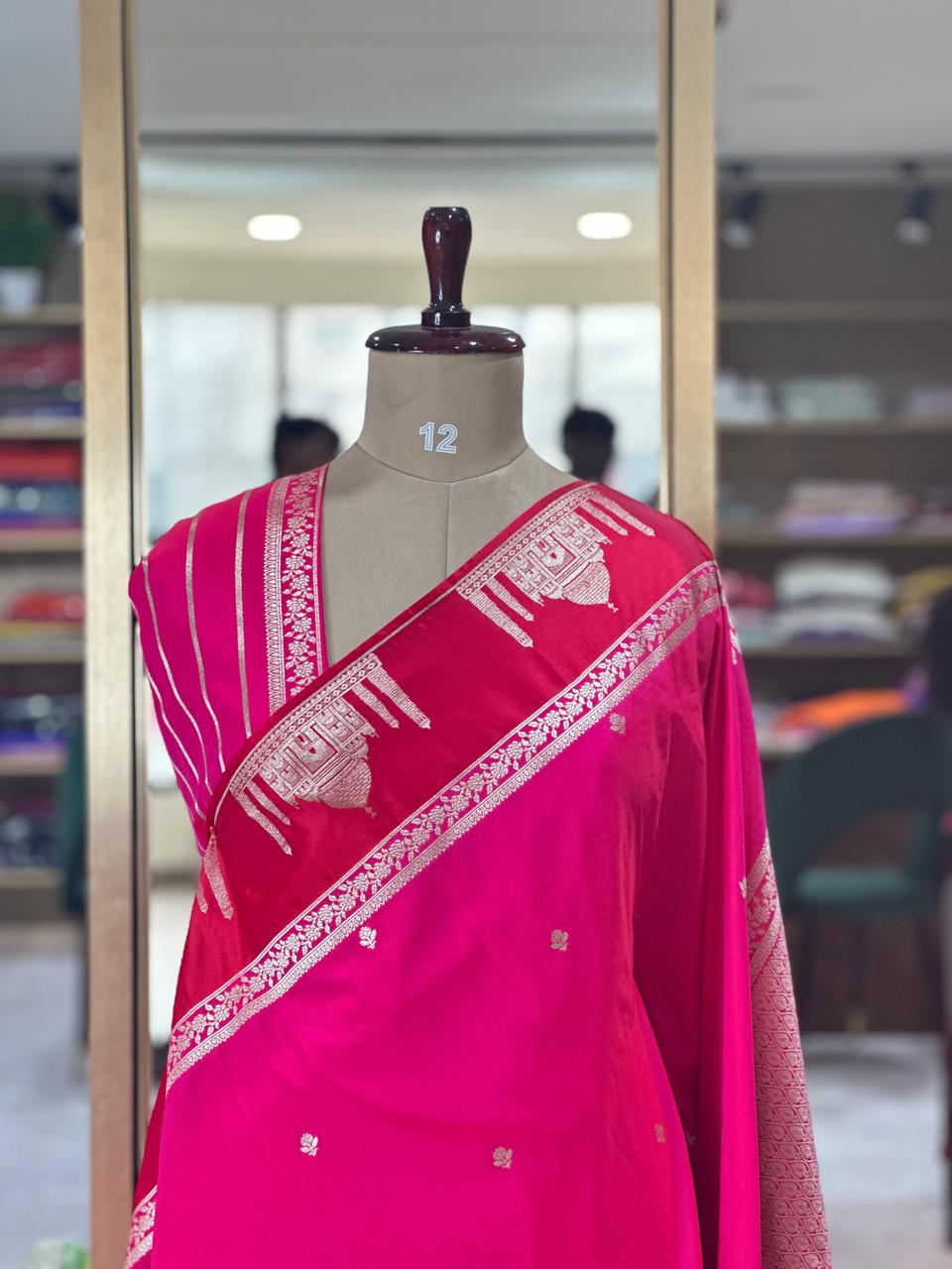 Pink n red Semi Kathan Saree with Taj Mahal Border-09