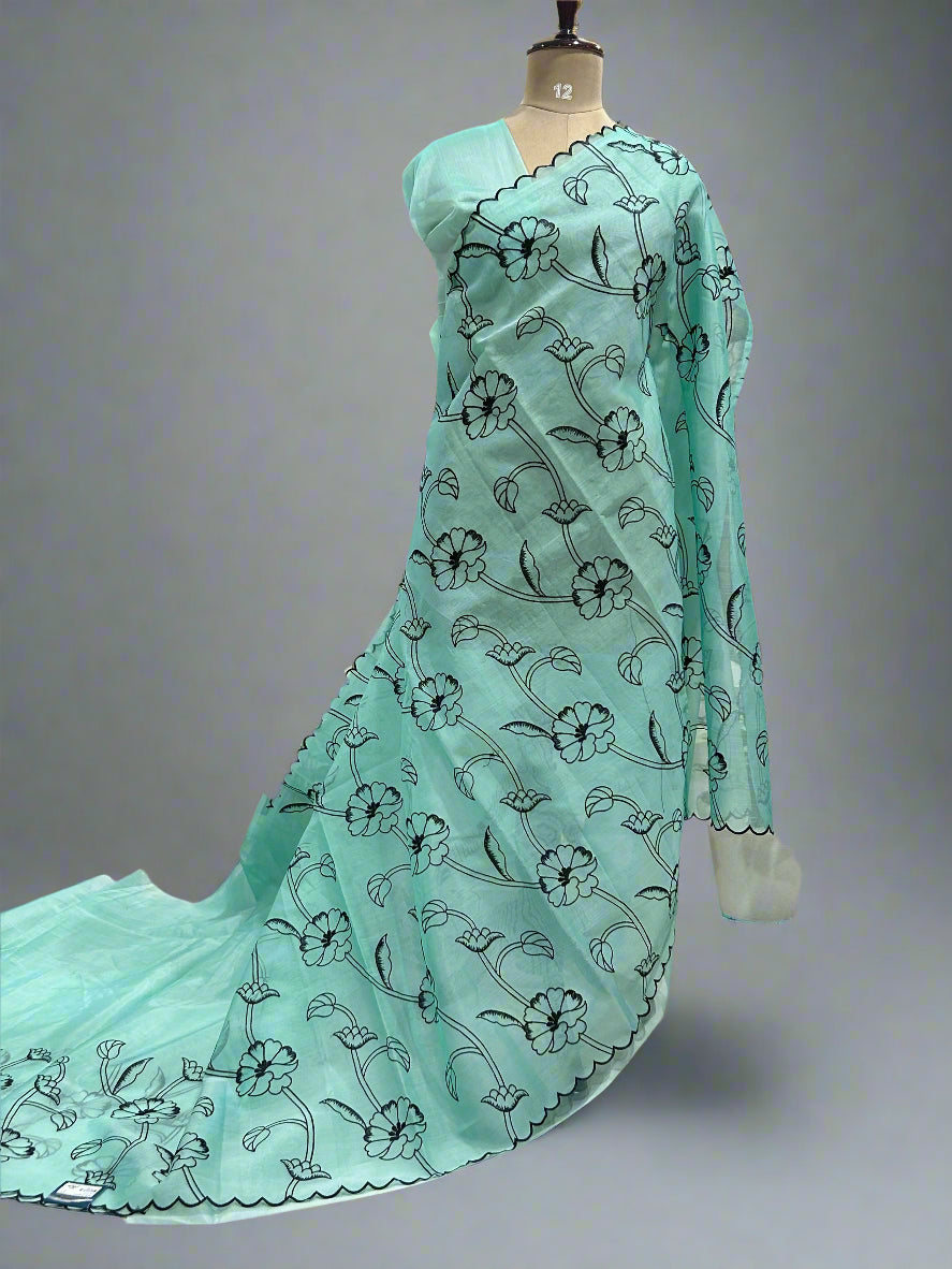Aqua green Organza Embroidery Work Saree for Elegant Occasions,organza black embrodiery-09