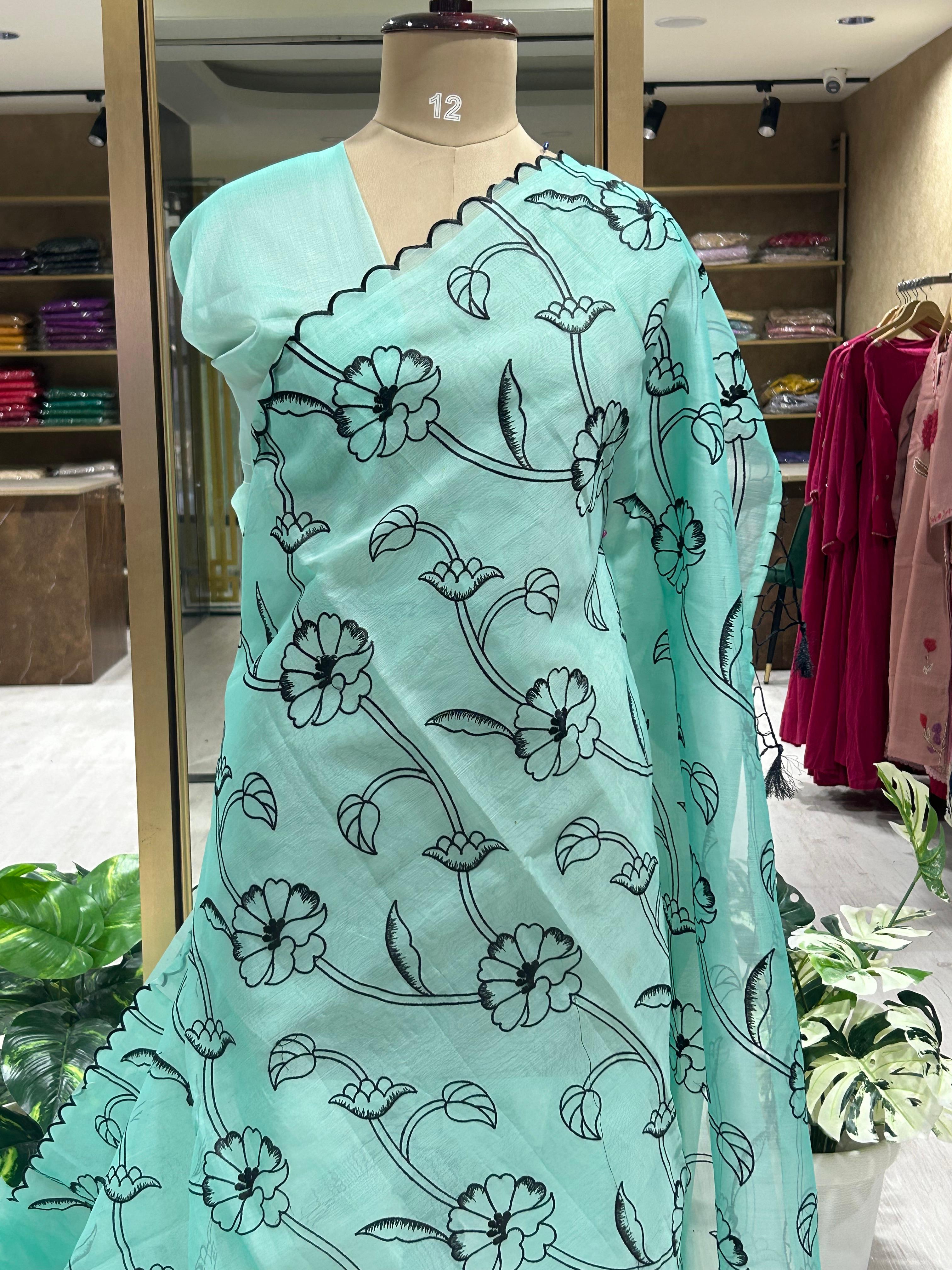 Aqua green Organza Embroidery Work Saree for Elegant Occasions,organza black embrodiery-09