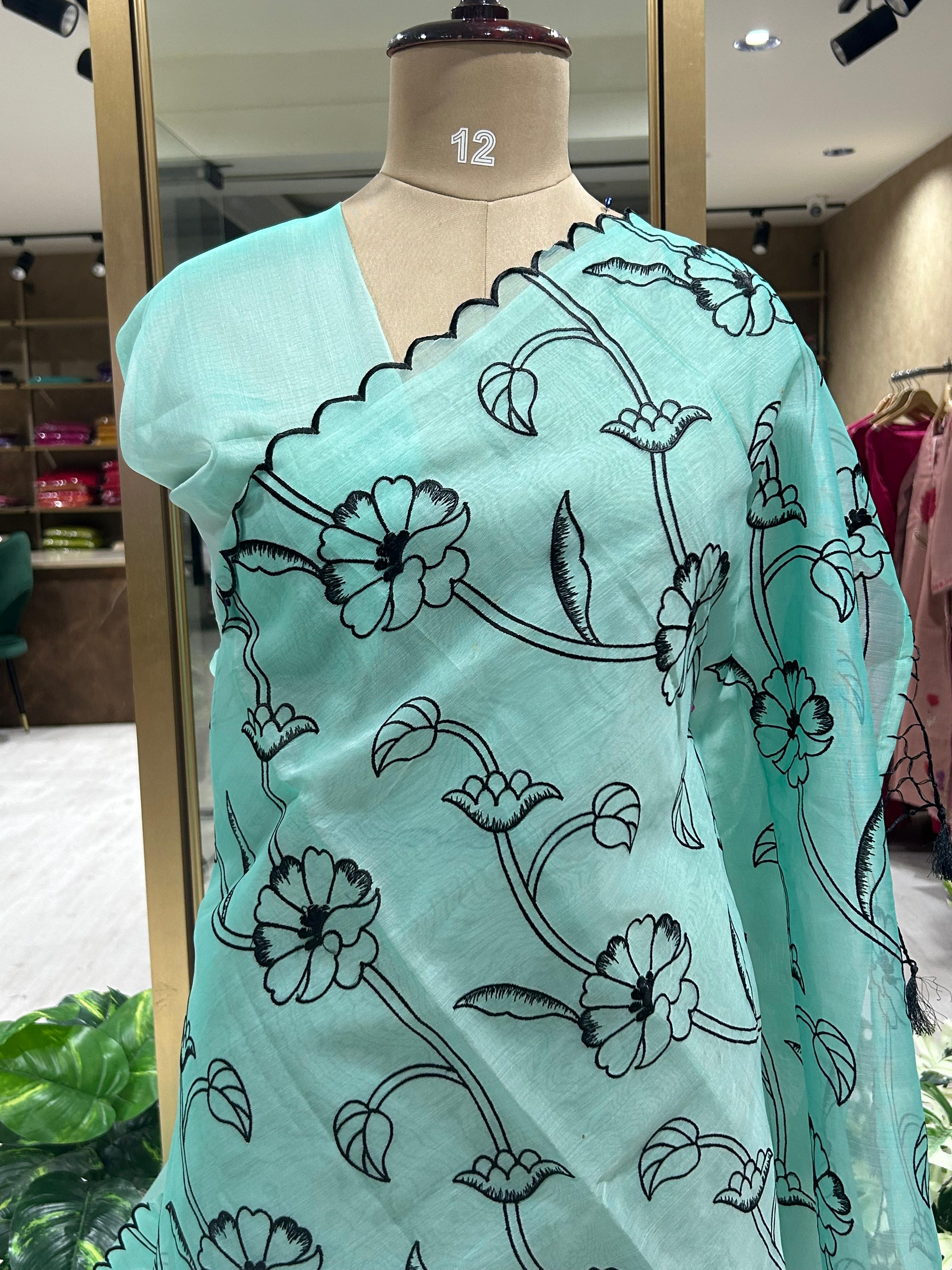 Aqua green Organza Embroidery Work Saree for Elegant Occasions,organza black embrodiery-09