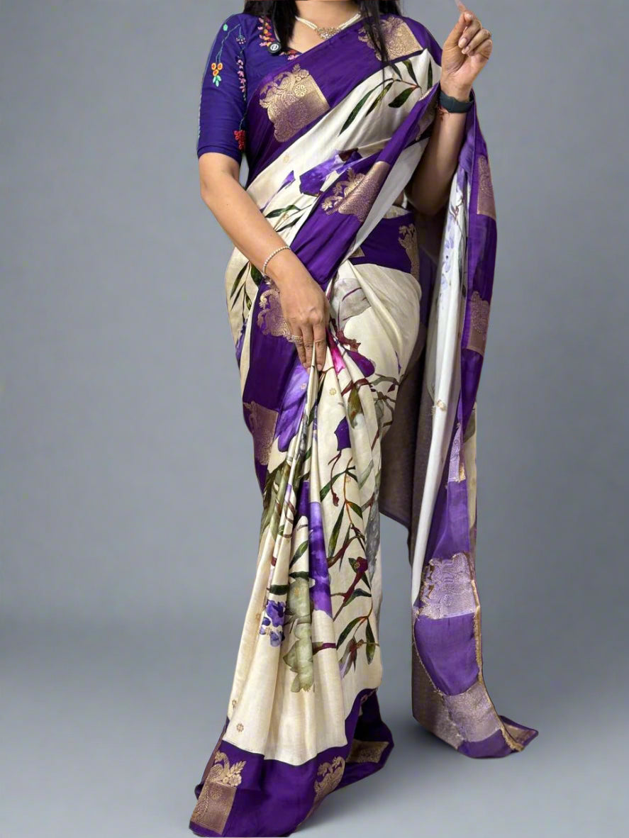 Elegant Cream Satin Digital Print Saree with Rich Purple Border – Premium Party & Festive Wear ,satin digital print-09 (RR)