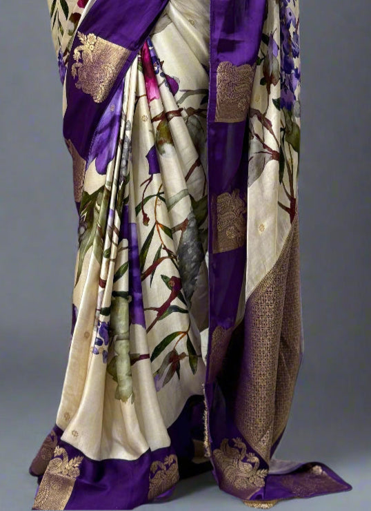 Elegant Cream Satin Digital Print Saree with Rich Purple Border – Premium Party & Festive Wear ,satin digital print-09 (RR)