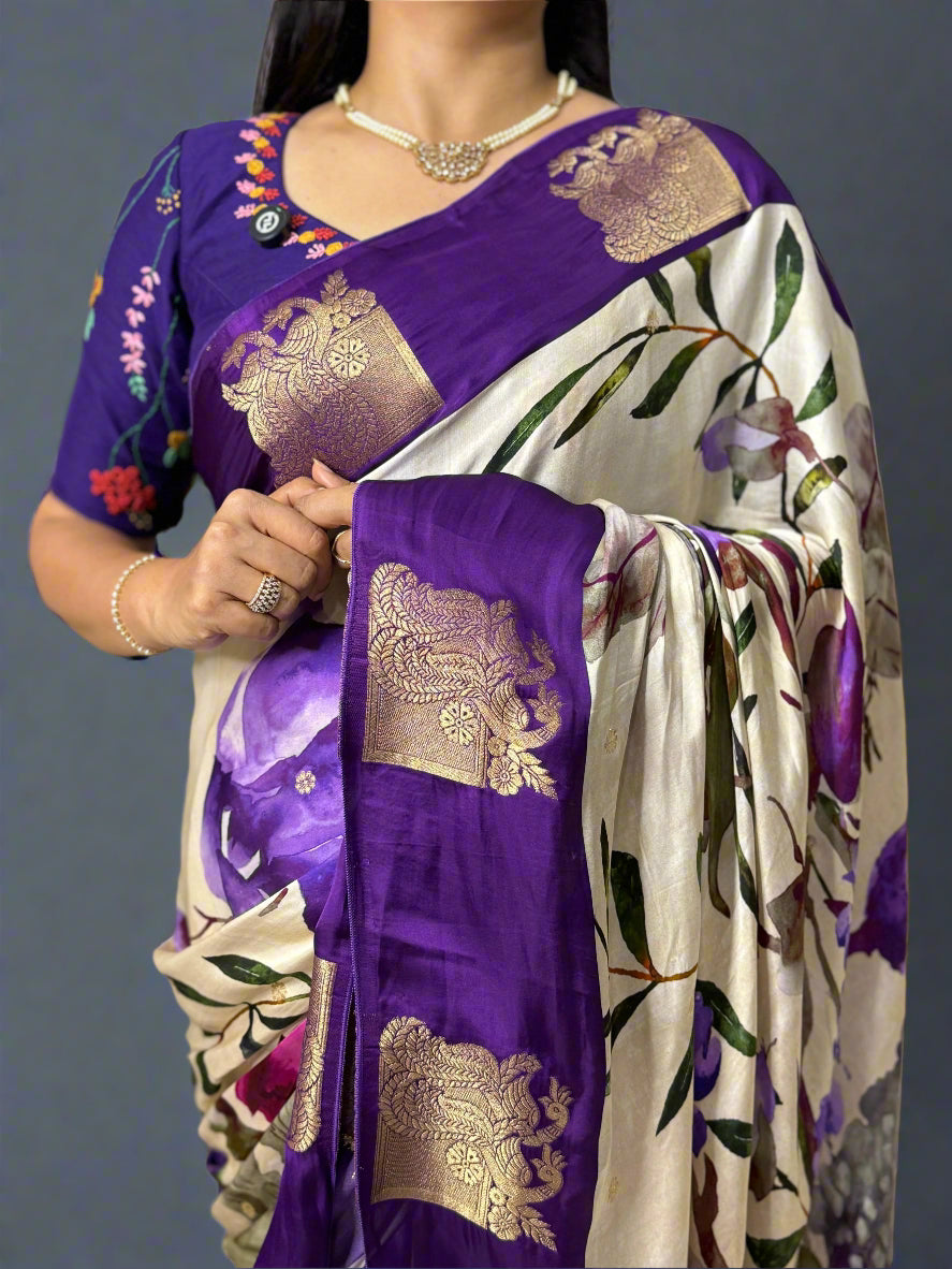 Elegant Cream Satin Digital Print Saree with Rich Purple Border – Premium Party & Festive Wear ,satin digital print-09 (RR)
