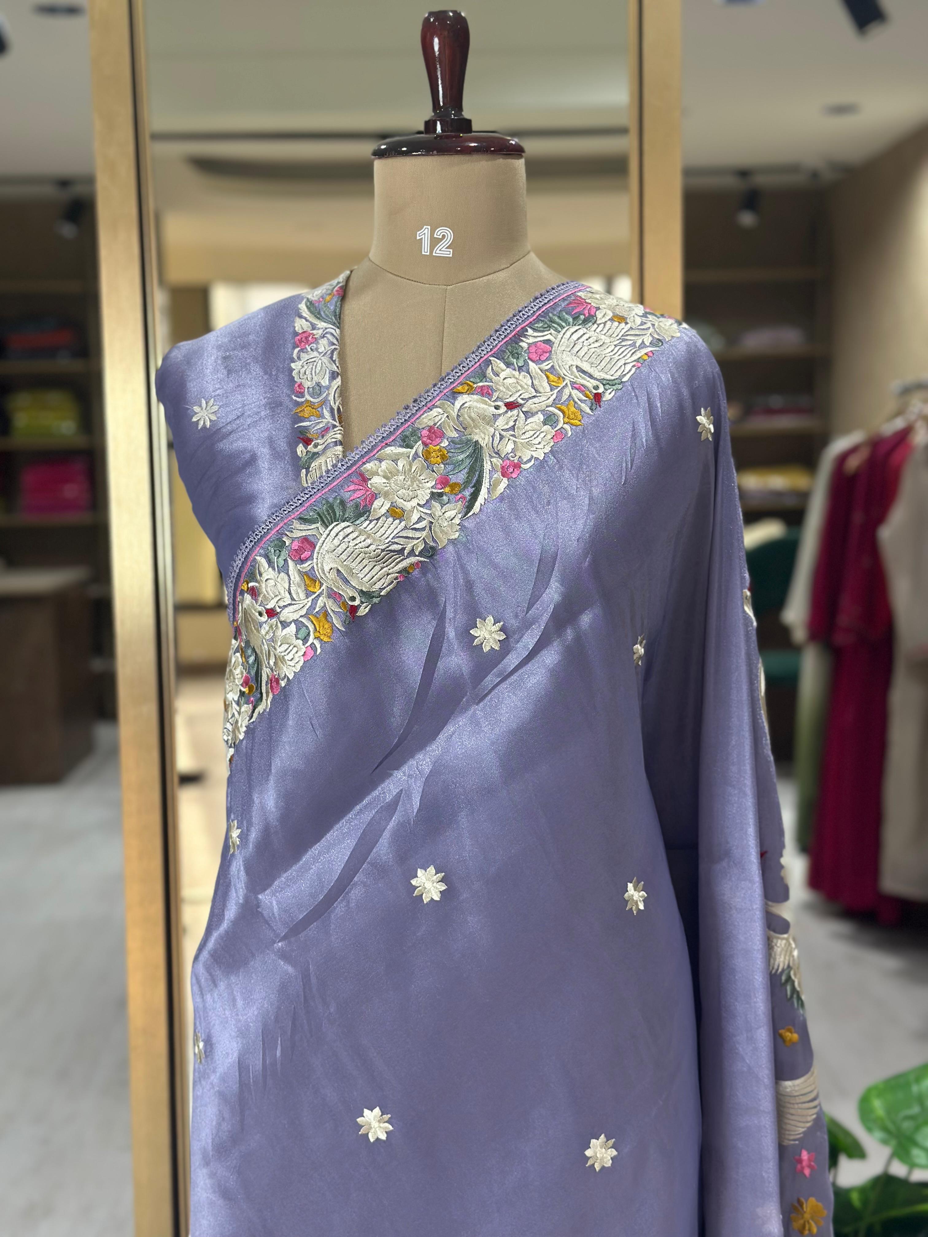 Lilac Elegant Organza Tissue Parsi Work Saree – Designer Ethnic Wear,Parsi organza tissue-09