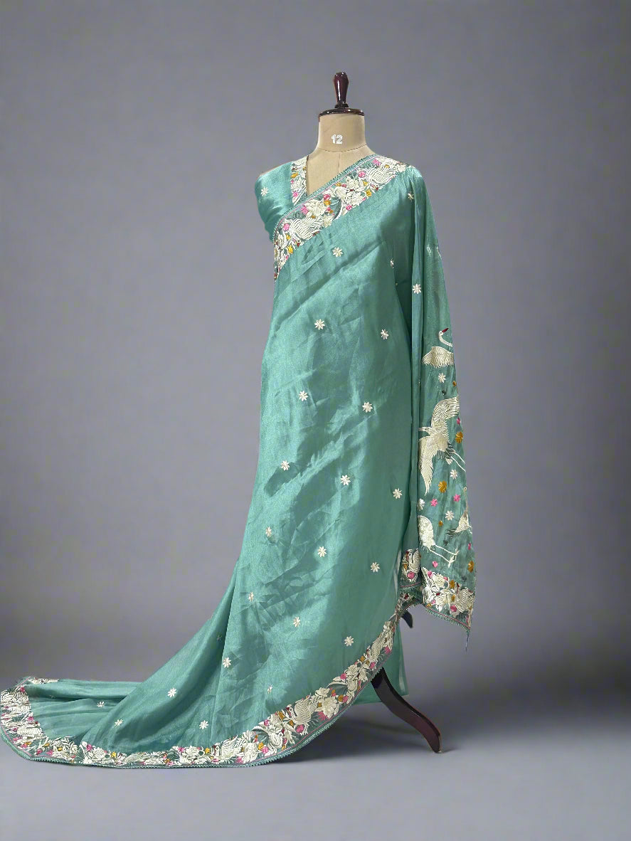 Pastel green Elegant Organza Tissue Parsi Work Saree – Designer Ethnic Wear,Parsi organza tissue-09