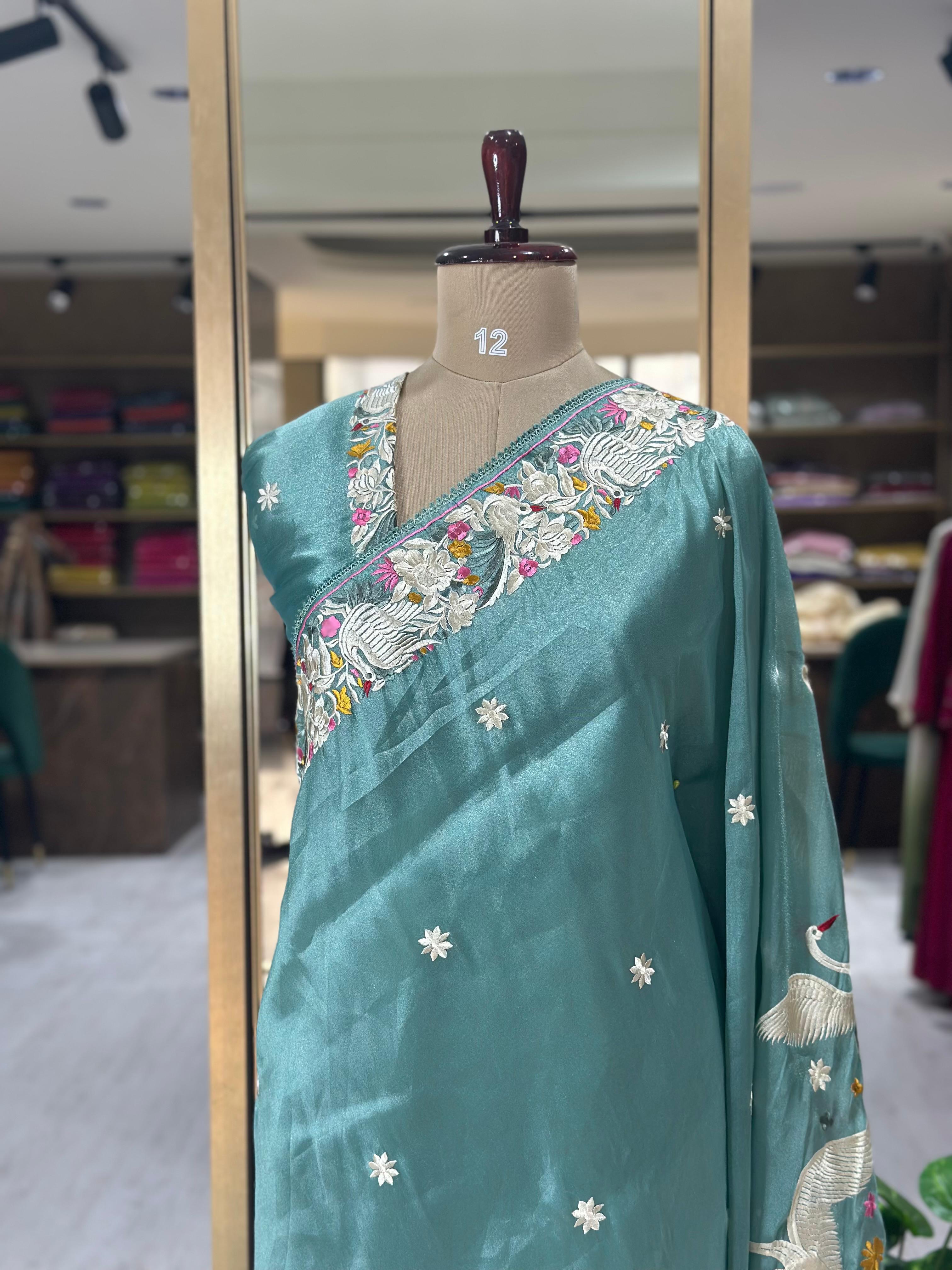 Pastel green Elegant Organza Tissue Parsi Work Saree – Designer Ethnic Wear,Parsi organza tissue-09