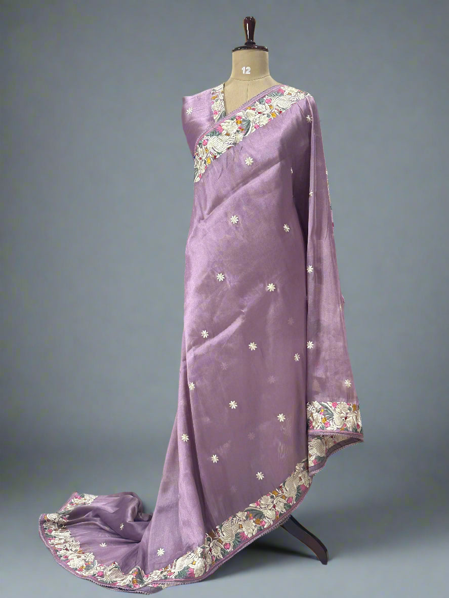 Light purple Elegant Organza Tissue Parsi Work Saree – Designer Ethnic Wear,Parsi organza tissue-09