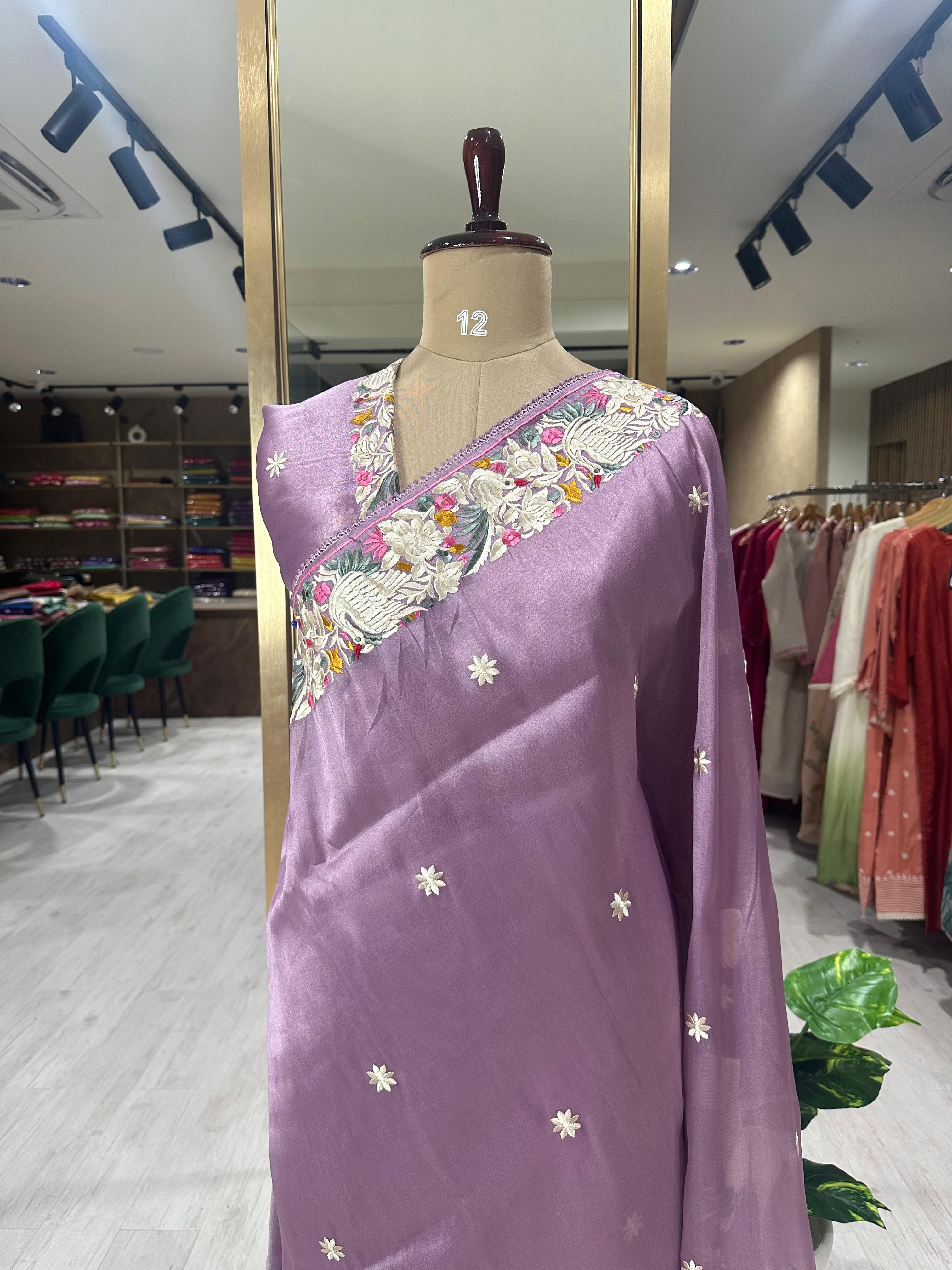 Light purple Elegant Organza Tissue Parsi Work Saree – Designer Ethnic Wear,Parsi organza tissue-09