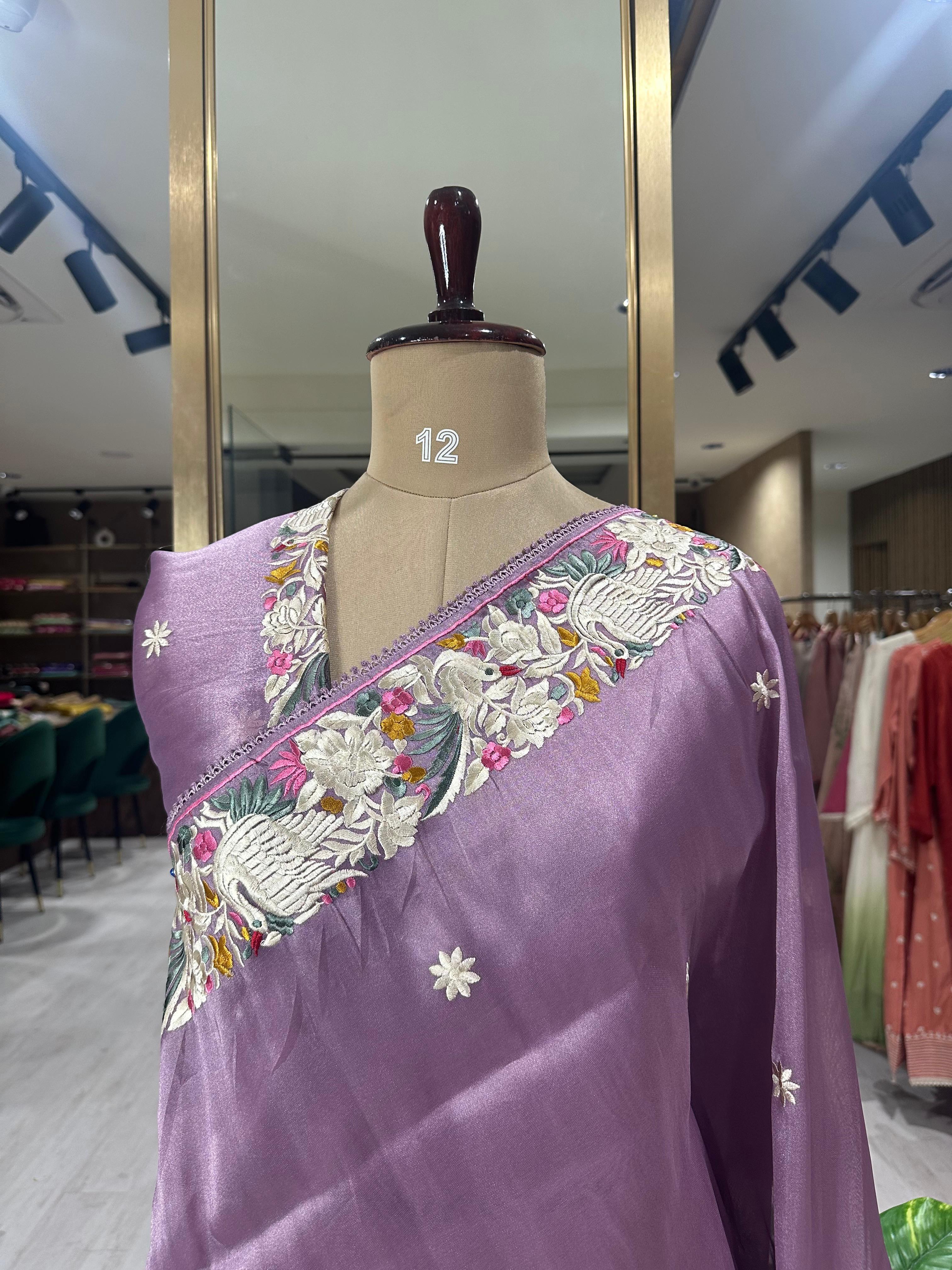 Light purple Elegant Organza Tissue Parsi Work Saree – Designer Ethnic Wear,Parsi organza tissue-09