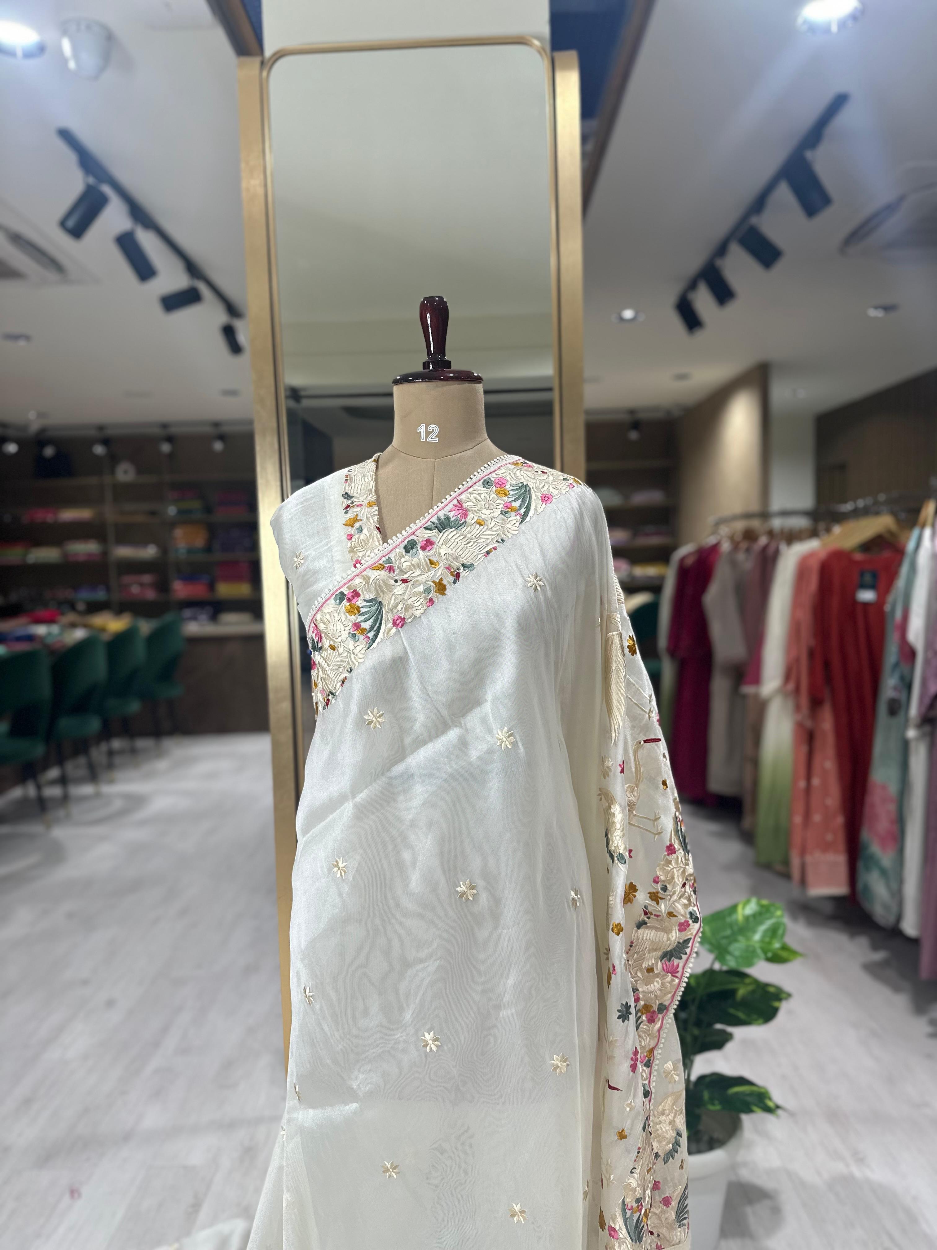 White Elegant Organza Tissue Parsi Work Saree – Designer Ethnic Wear,Parsi organza tissue-09 (RR)