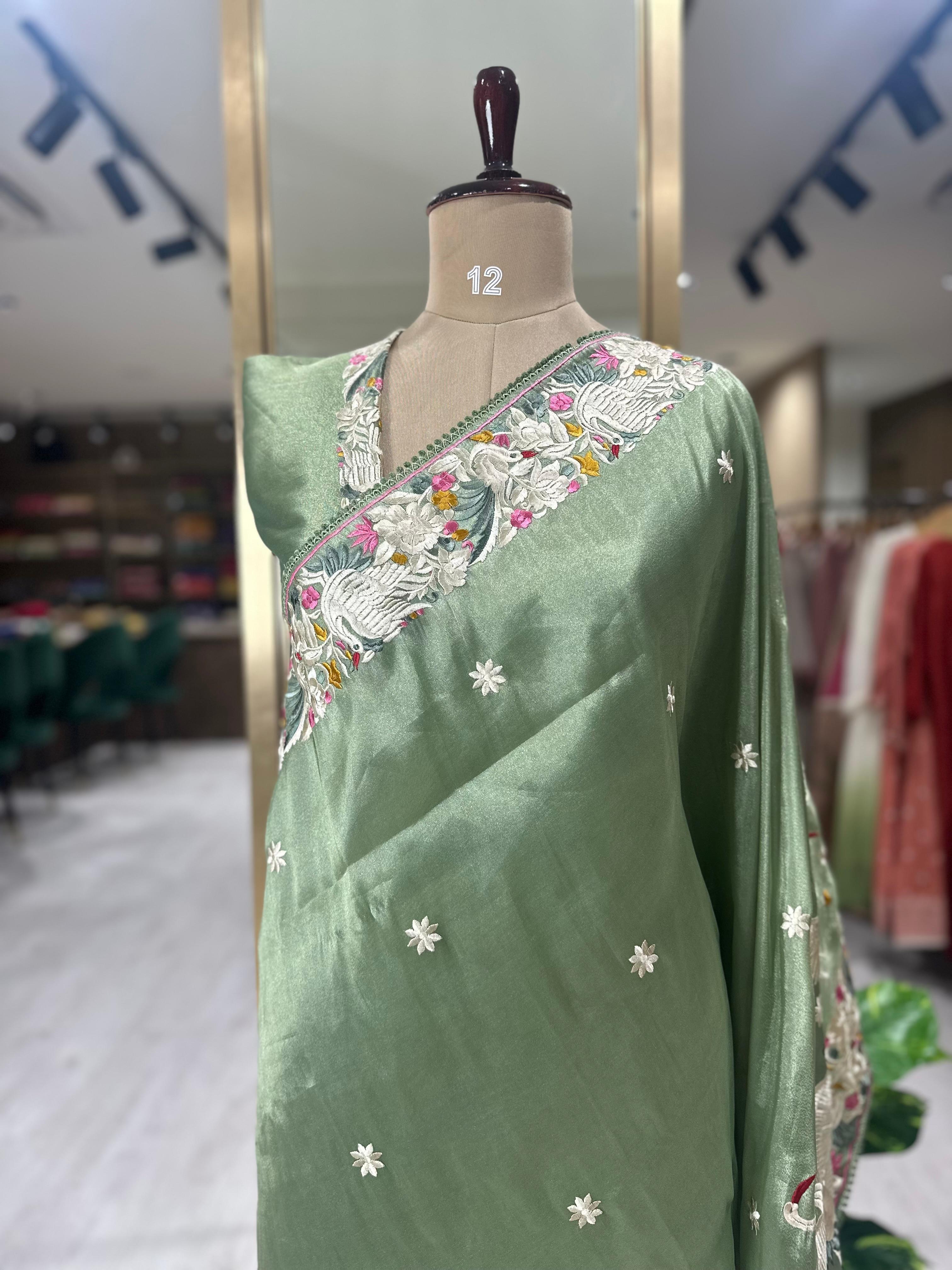 Light green Elegant Organza Tissue Parsi Work Saree – Designer Ethnic Wear,Parsi organza tissue-09