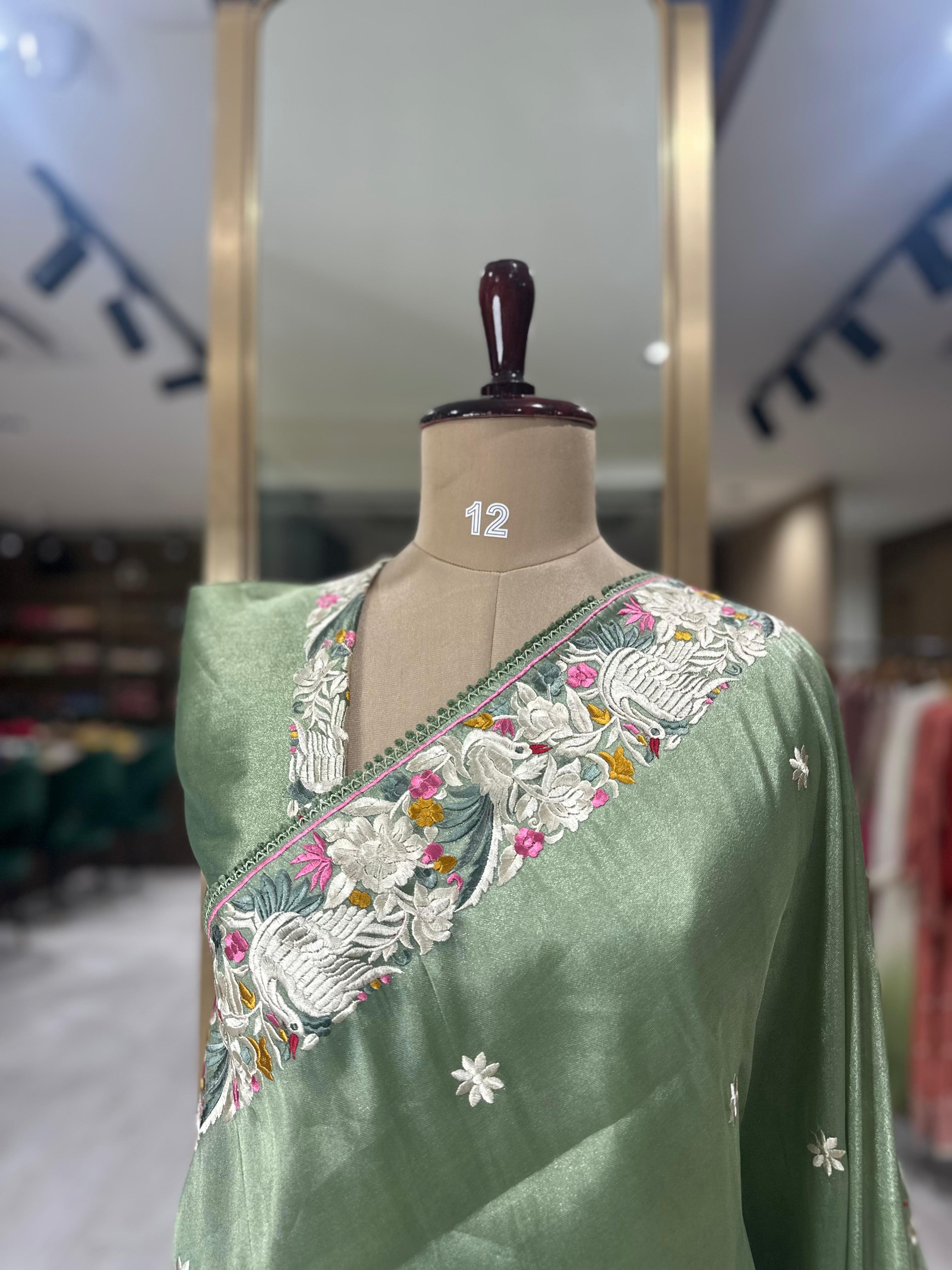 Light green Elegant Organza Tissue Parsi Work Saree – Designer Ethnic Wear,Parsi organza tissue-09