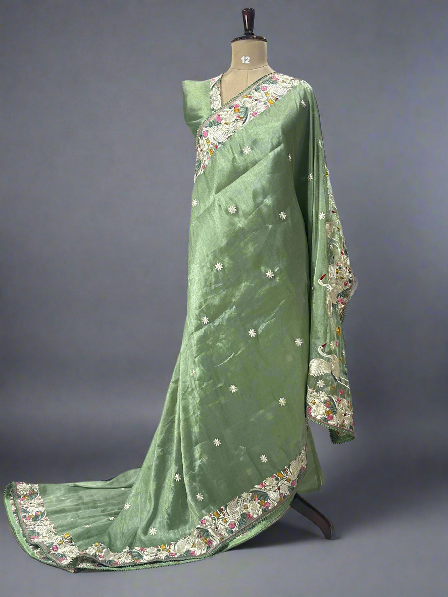 Light green Elegant Organza Tissue Parsi Work Saree – Designer Ethnic Wear,Parsi organza tissue-09