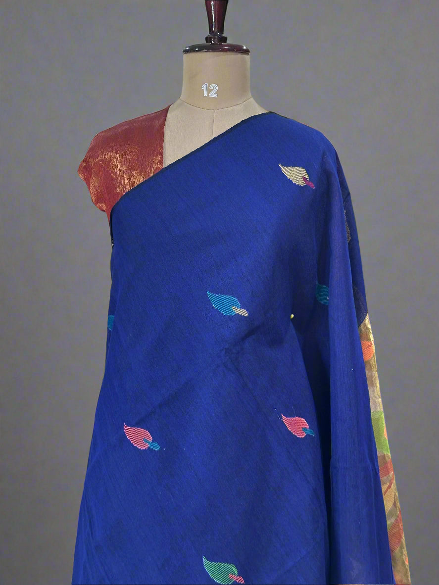 Blue Handloom Pure Linen Jamdani Saree – Lightweight & Graceful