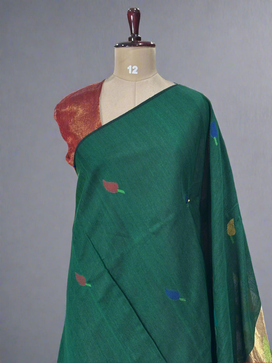 Bottle green Handloom Pure Linen Jamdani Saree – Lightweight & Graceful
