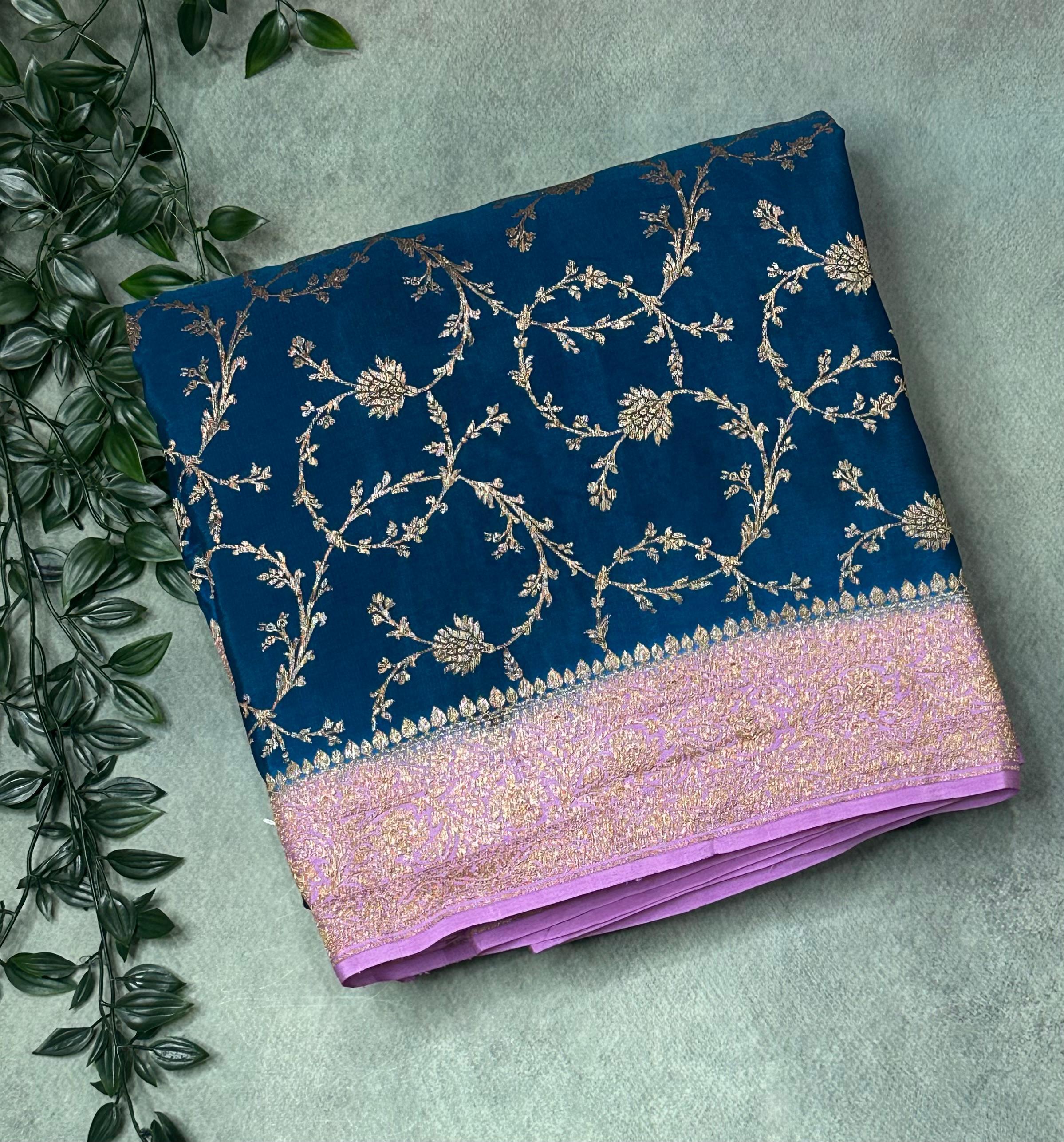 Peacock blue Elegant Pure Banarasi Jaal Design Saree | Handwoven Traditional Silk,Pure banarasi crepe-09