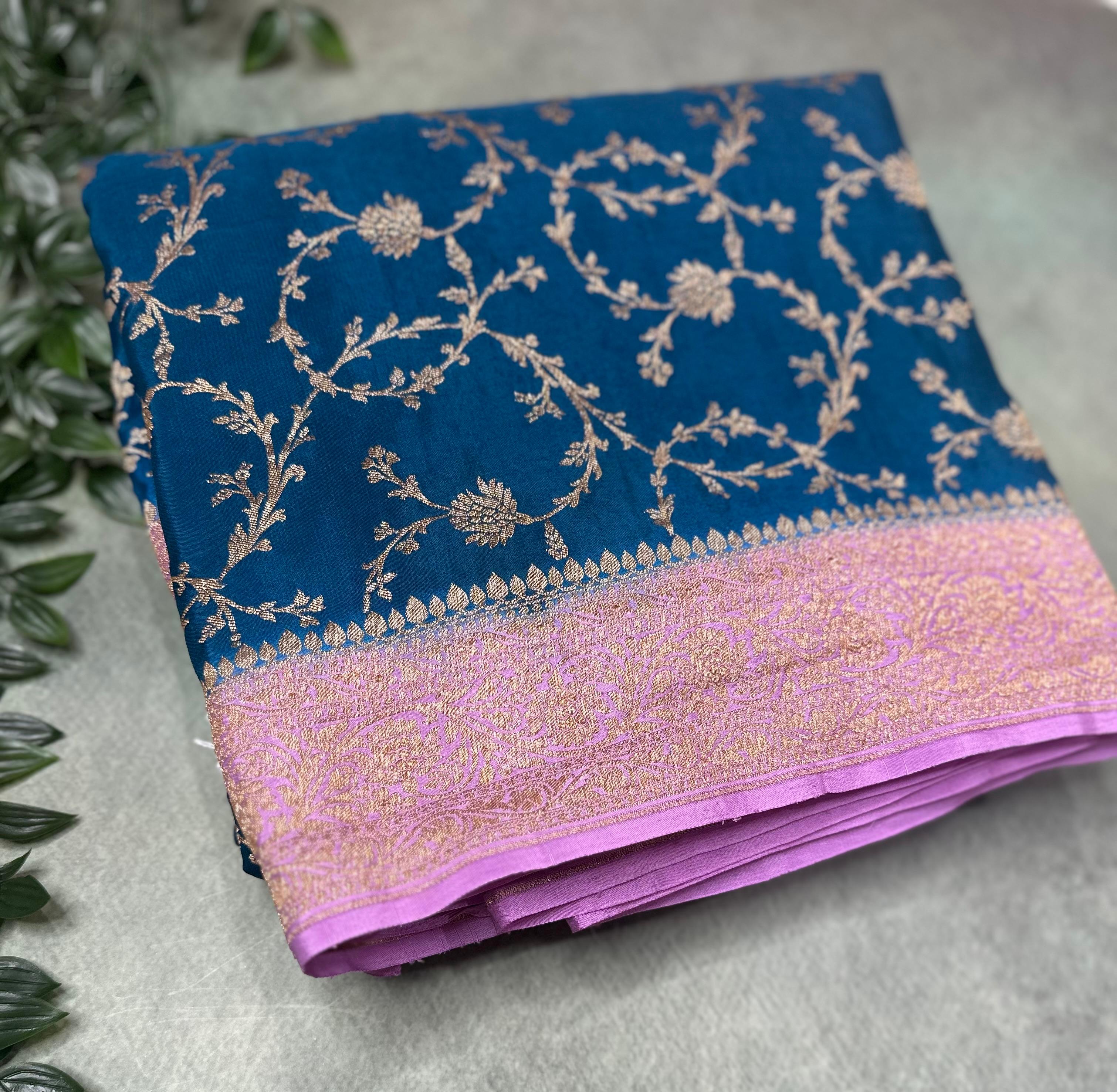 Peacock blue Elegant Pure Banarasi Jaal Design Saree | Handwoven Traditional Silk,Pure banarasi crepe-09
