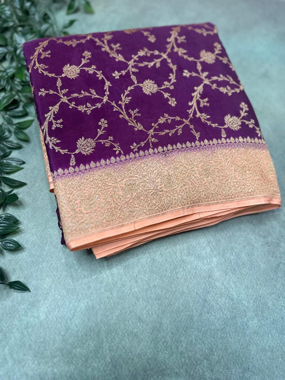 Orange Elegant Pure Banarasi Jaal Design Saree | Handwoven Traditional Silk,Pure banarasi crepe-09