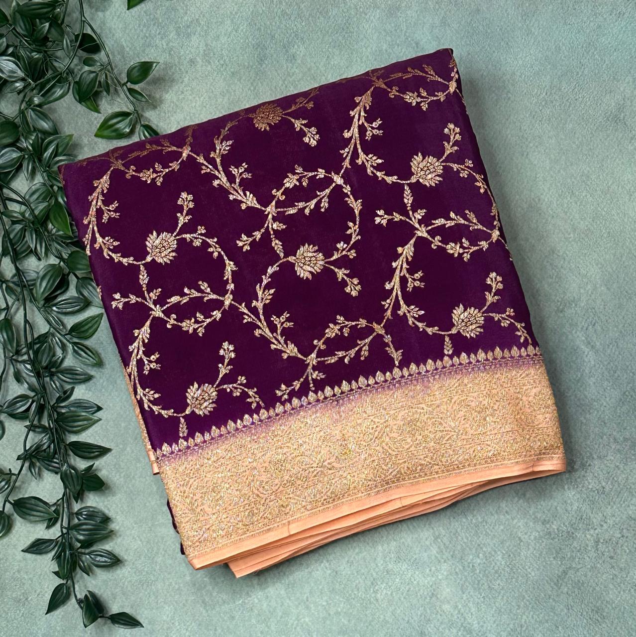 Orange Elegant Pure Banarasi Jaal Design Saree | Handwoven Traditional Silk,Pure banarasi crepe-09