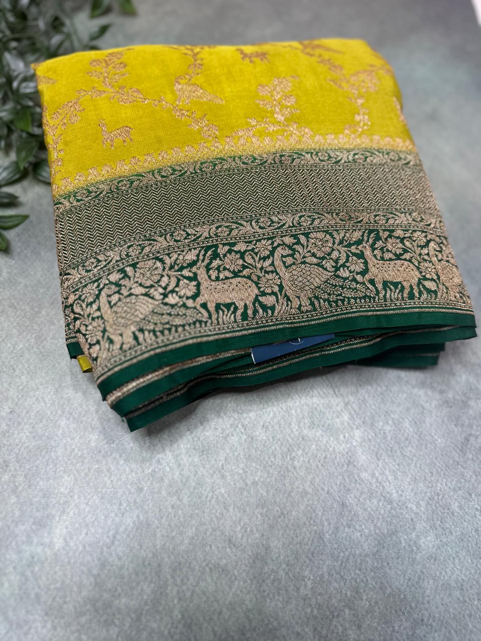 Neon green Elegant Pure Banarasi Jaal Design Saree | Handwoven Traditional Silk,Pure banarasi crepe-09