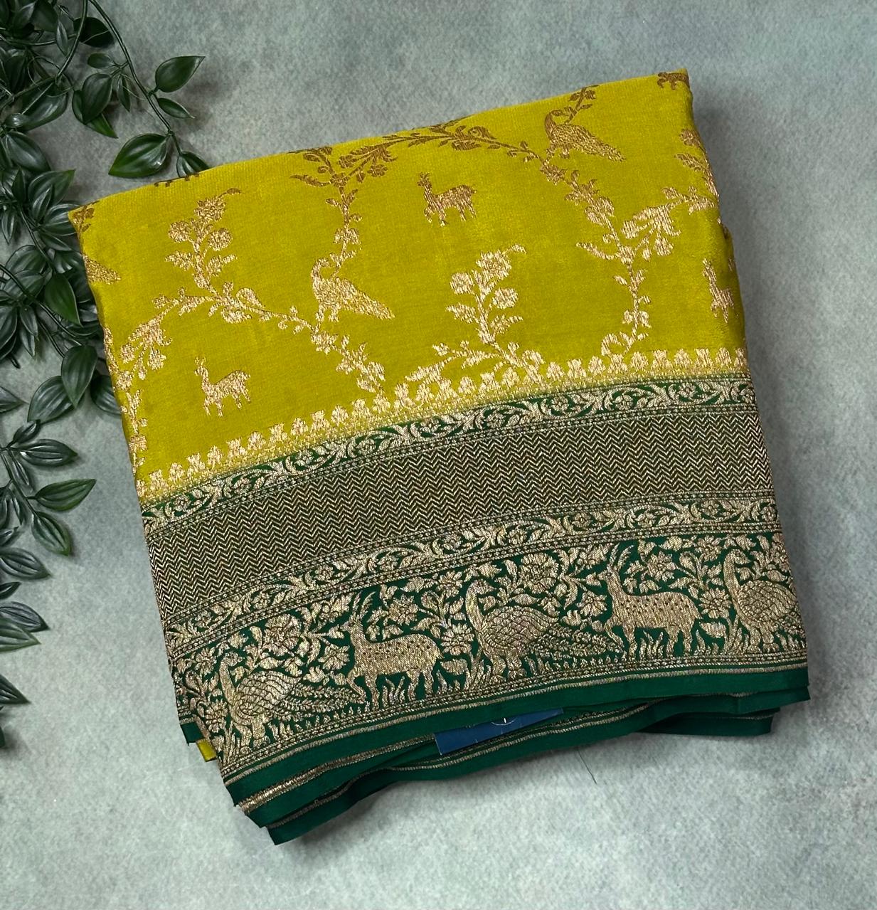 Neon green Elegant Pure Banarasi Jaal Design Saree | Handwoven Traditional Silk,Pure banarasi crepe-09