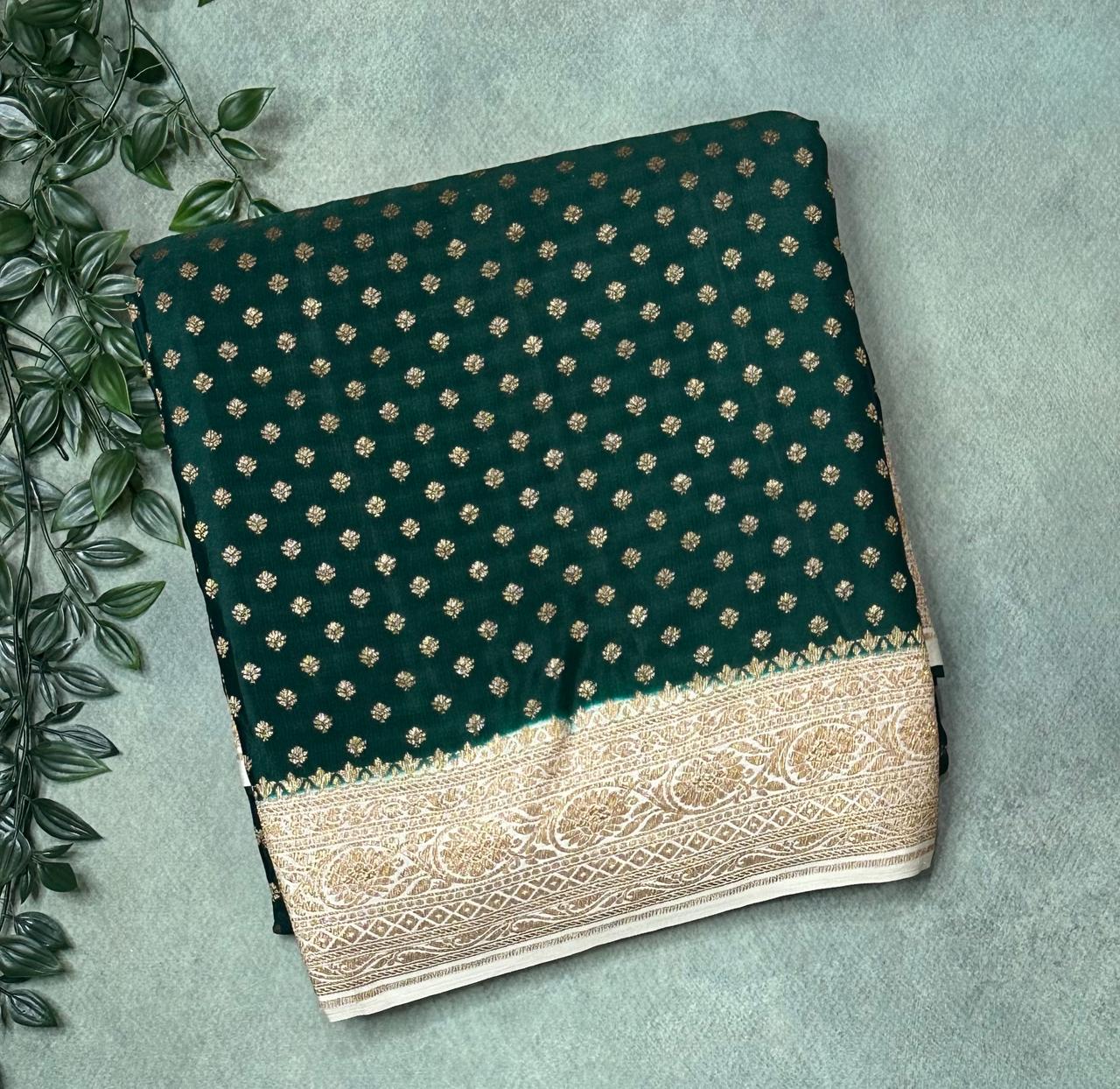 Bottle green Luxurious Pure Banarasi Crepe Saree with Intricate Small Butta Weave – Perfect for Weddings and Festive Celebrations,pure banarasi-09