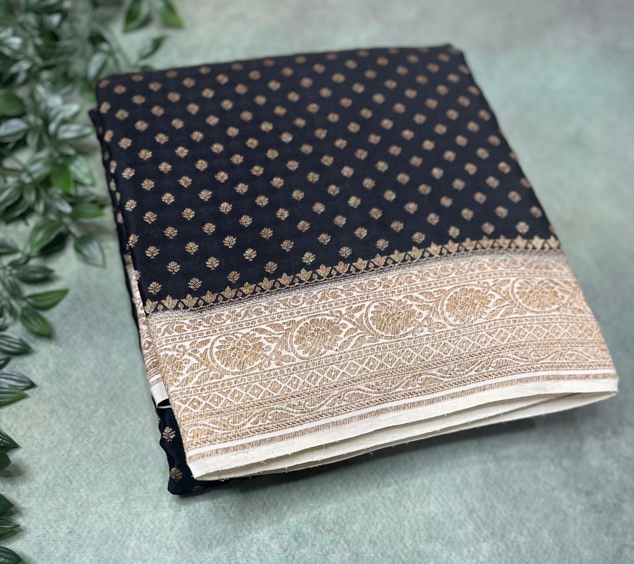 Black Luxurious Pure Banarasi Crepe Saree with Intricate Small Butta Weave – Perfect for Weddings and Festive Celebrations,pure banarasi-09