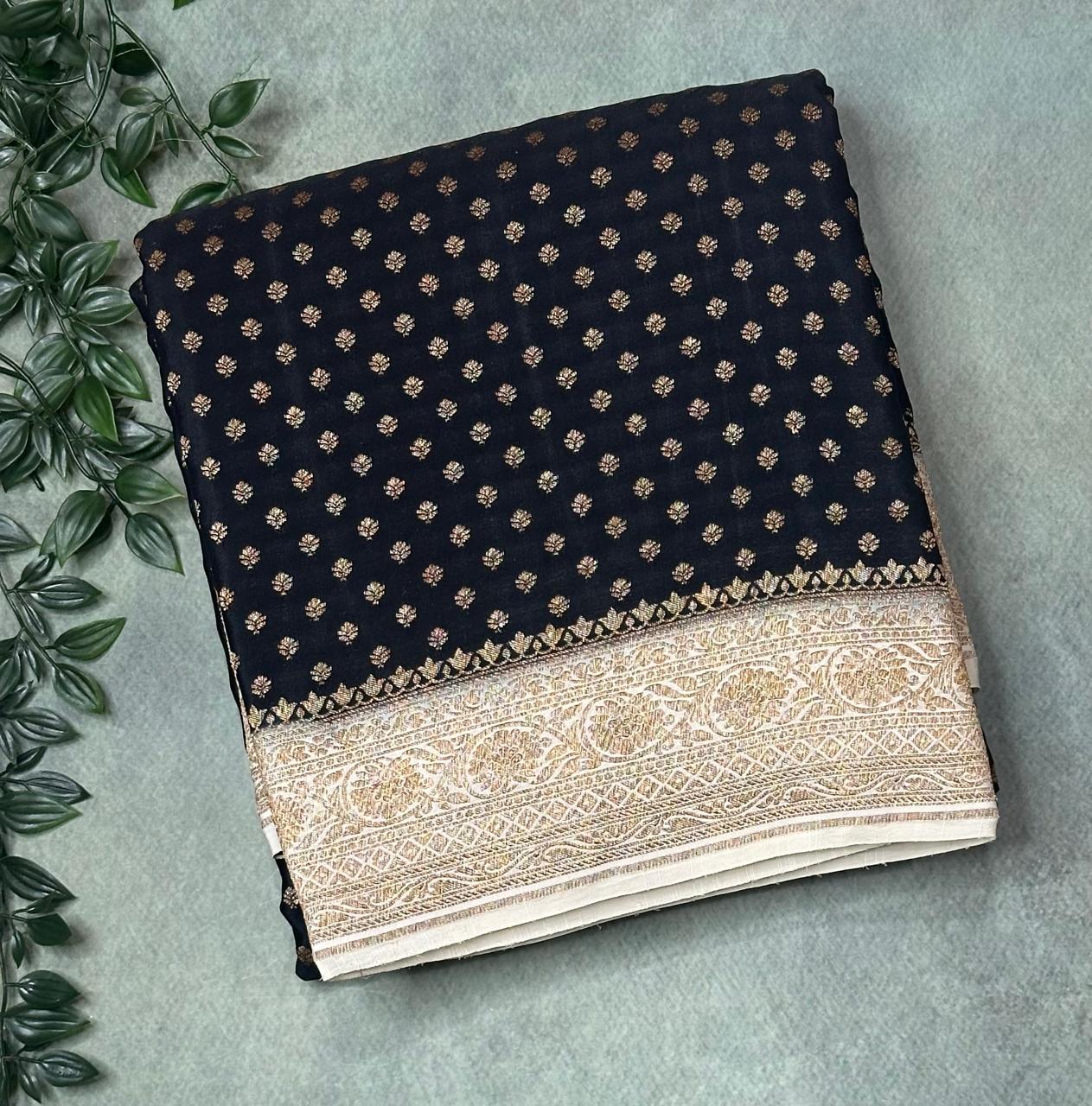 Black Luxurious Pure Banarasi Crepe Saree with Intricate Small Butta Weave – Perfect for Weddings and Festive Celebrations,pure banarasi-09