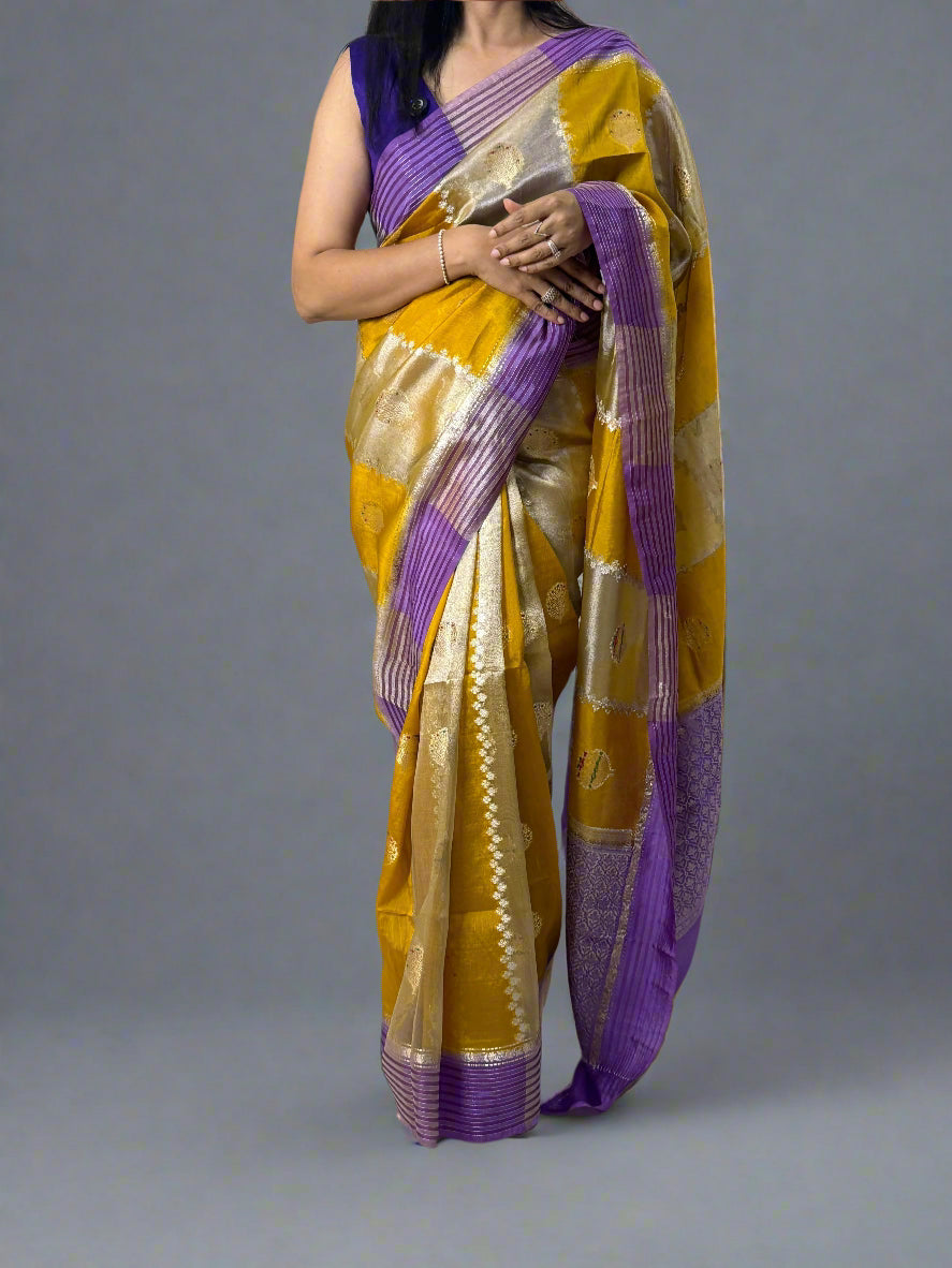Yellow n purple fusion moonga silk saree
