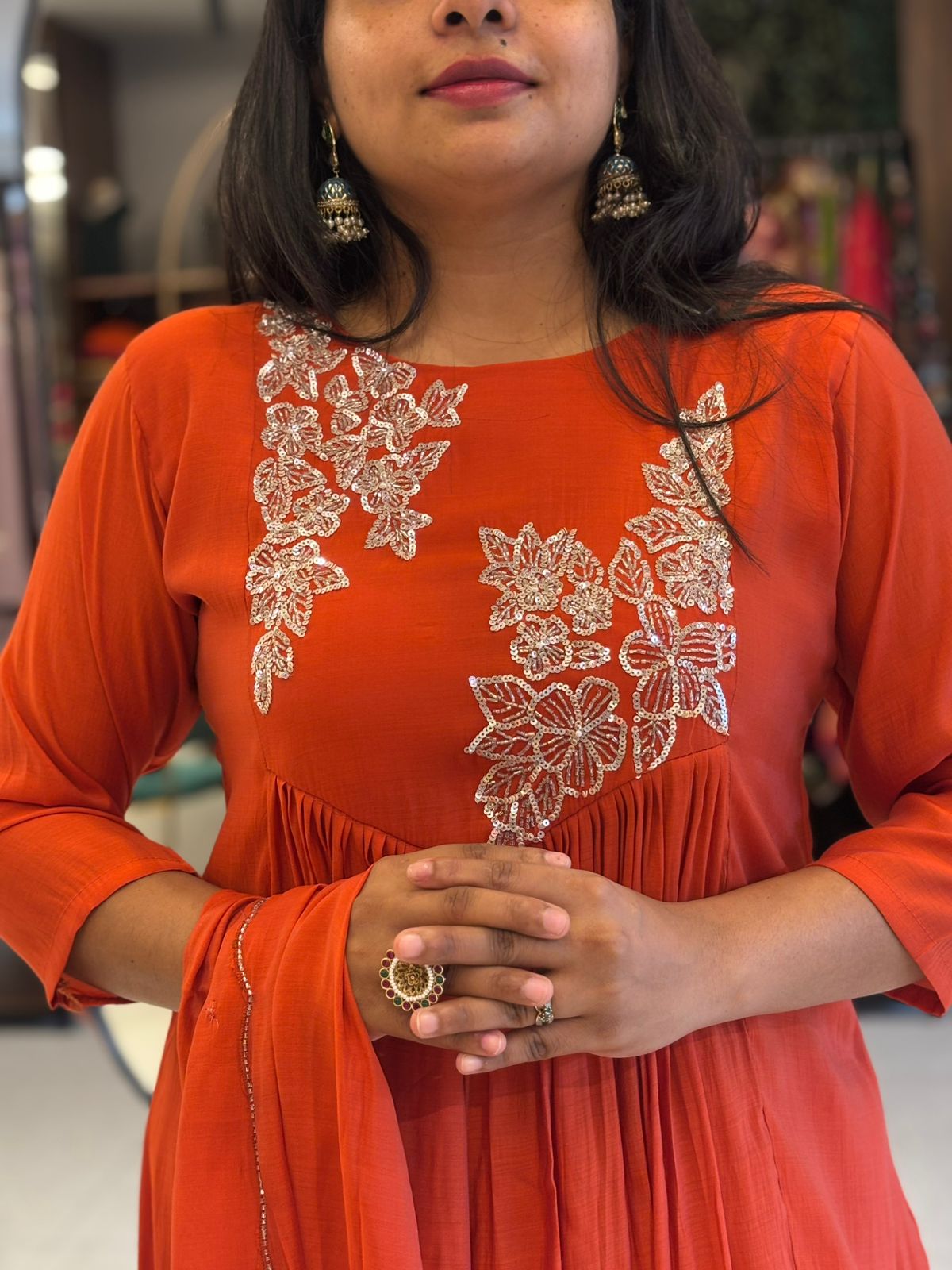 Orange Mul silk Thread Embroidery Airline Kurtha 909