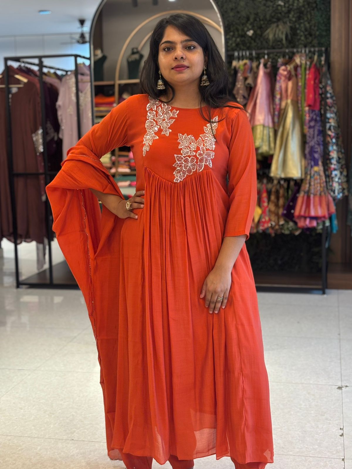 Orange Mul silk Thread Embroidery Airline Kurtha 909